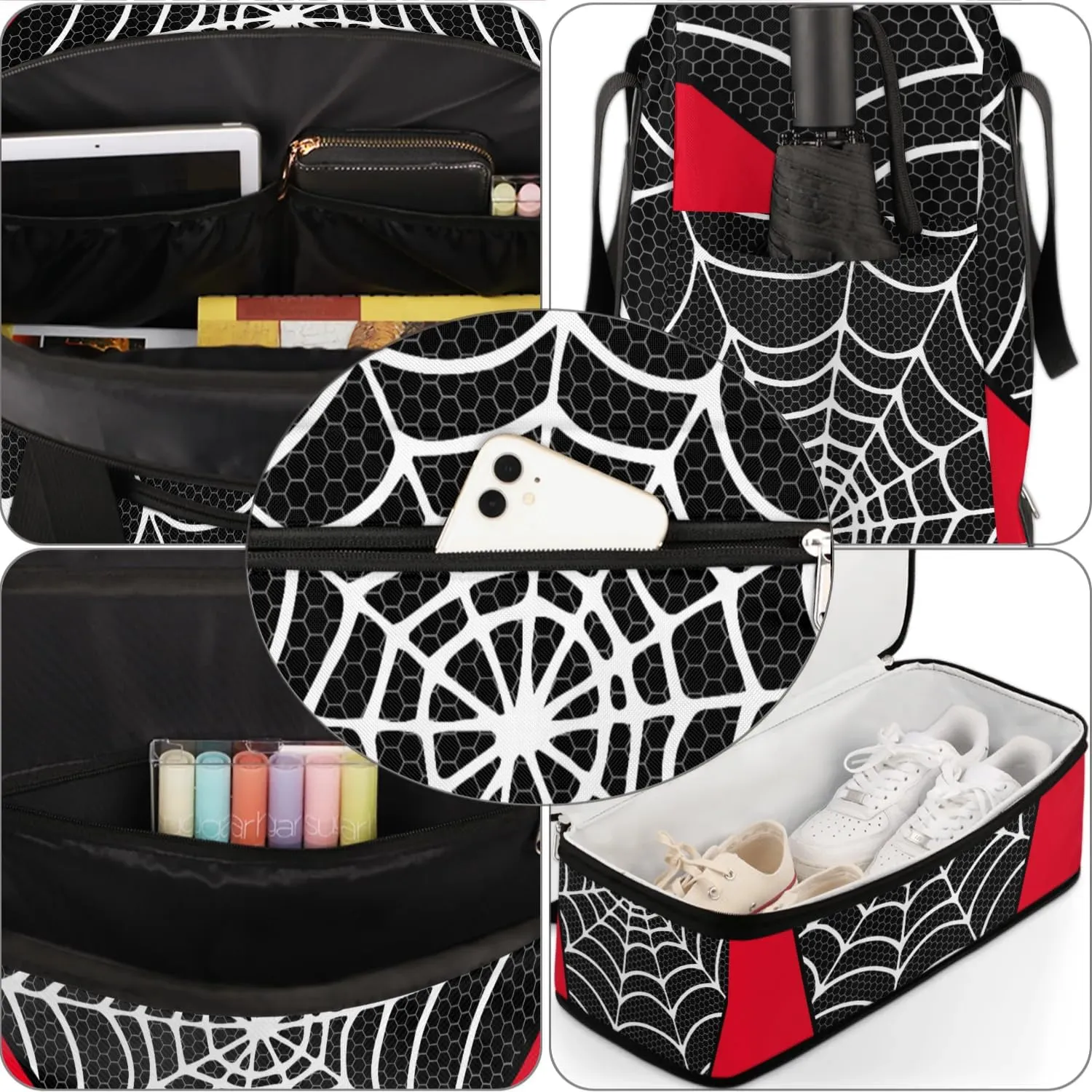 Gym Bag for Men Women, Carry on Travel Duffel Bag with Trolley Sleeve, Black and Red Waterproof Weekender Overnight Bags with Shoes and Wet Clothes Compartment for Sleepover Workout Sports