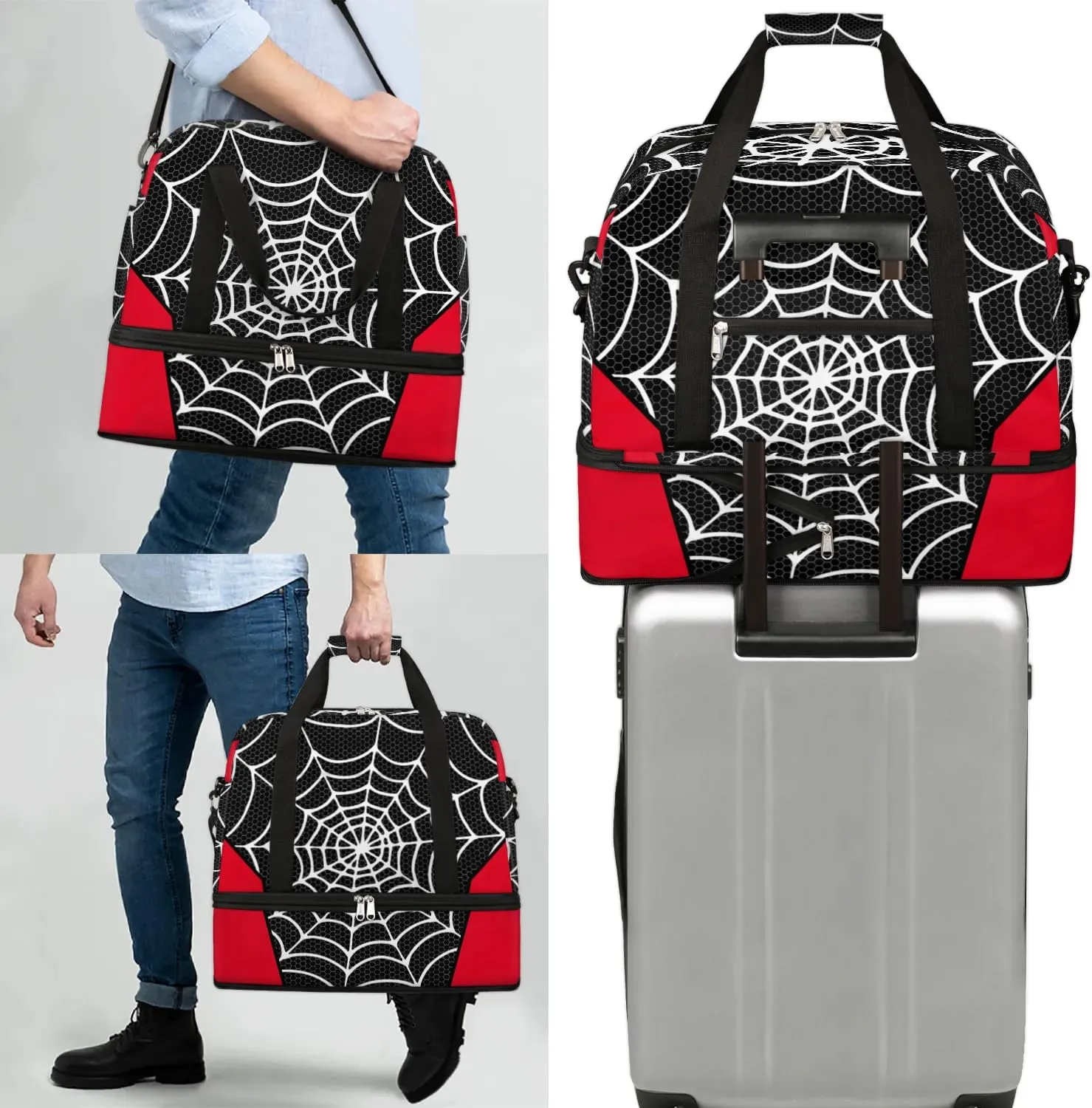Gym Bag for Men Women, Carry on Travel Duffel Bag with Trolley Sleeve, Black and Red Waterproof Weekender Overnight Bags with Shoes and Wet Clothes Compartment for Sleepover Workout Sports