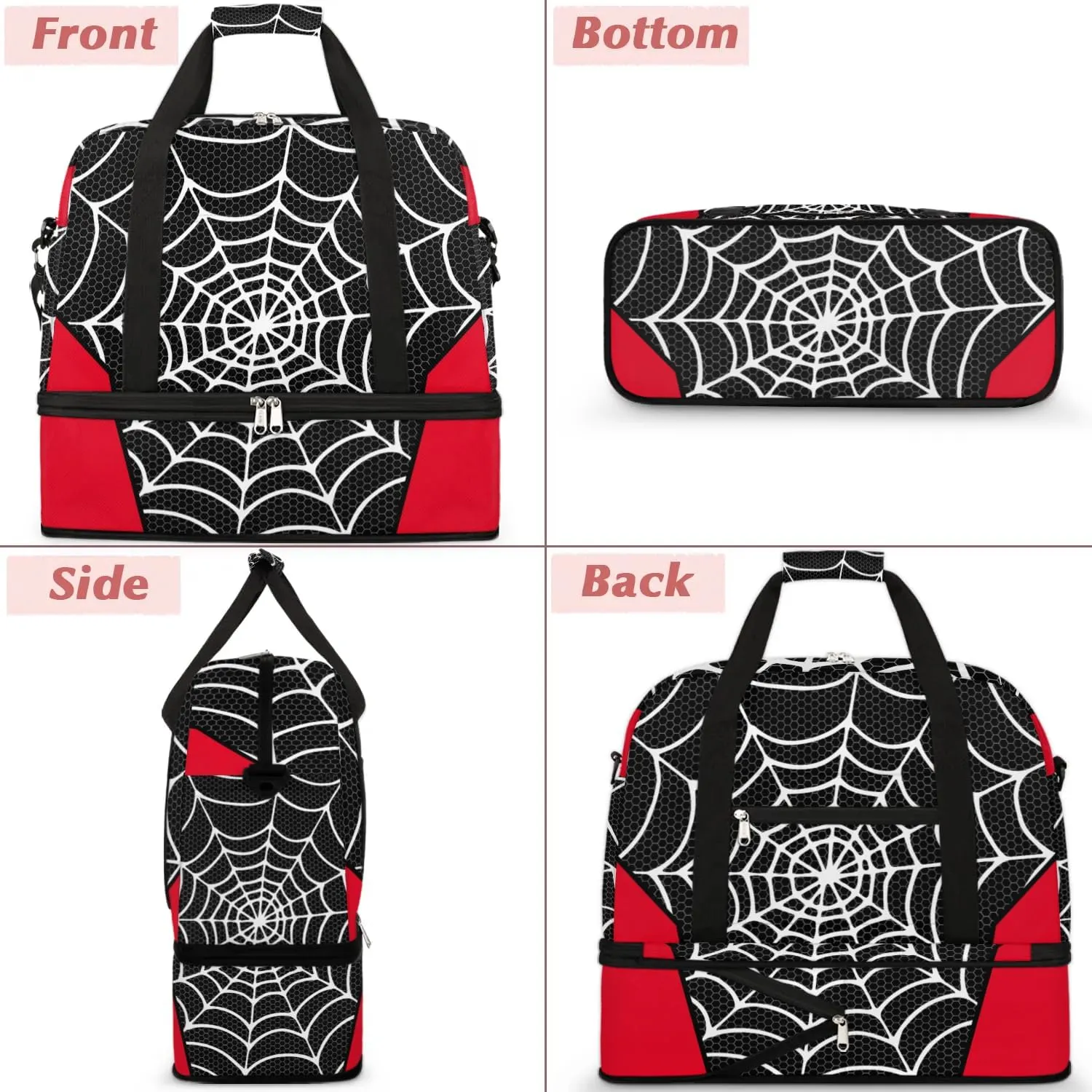 Gym Bag for Men Women, Carry on Travel Duffel Bag with Trolley Sleeve, Black and Red Waterproof Weekender Overnight Bags with Shoes and Wet Clothes Compartment for Sleepover Workout Sports