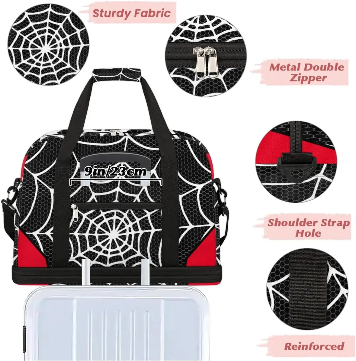 Gym Bag for Men Women, Carry on Travel Duffel Bag with Trolley Sleeve, Black and Red Waterproof Weekender Overnight Bags with Shoes and Wet Clothes Compartment for Sleepover Workout Sports