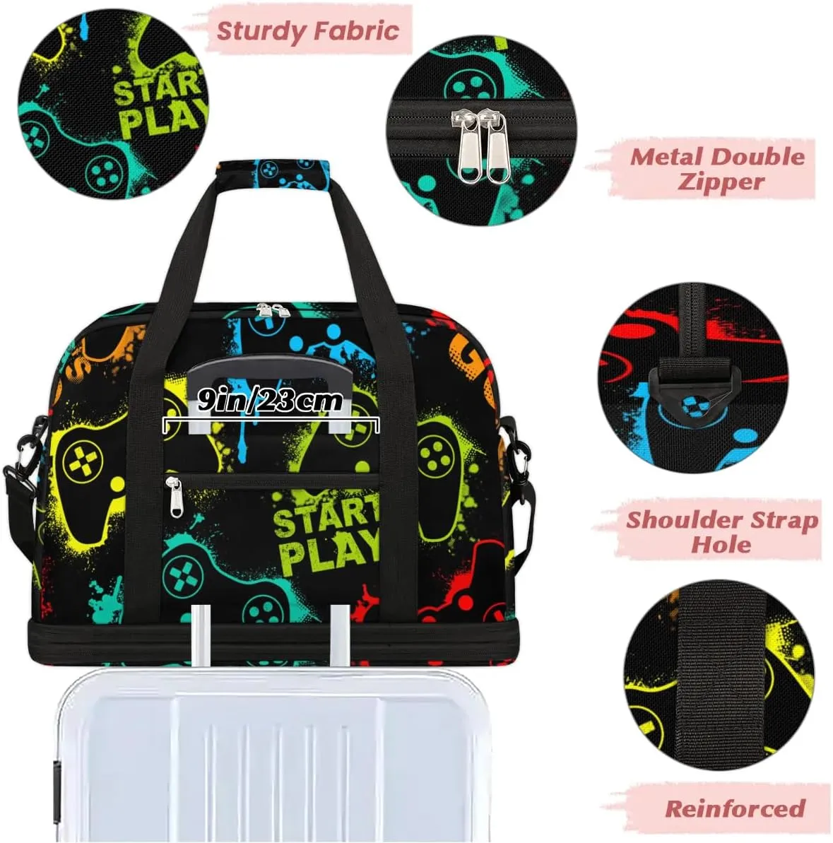 Gym Bag for Men Women, Carry on Travel Duffel Bag with Trolley Sleeve, Game Joysticks Waterproof Weekender Overnight Bags with Shoes and Wet Clothes Compartment for Sleepover Workout Sports