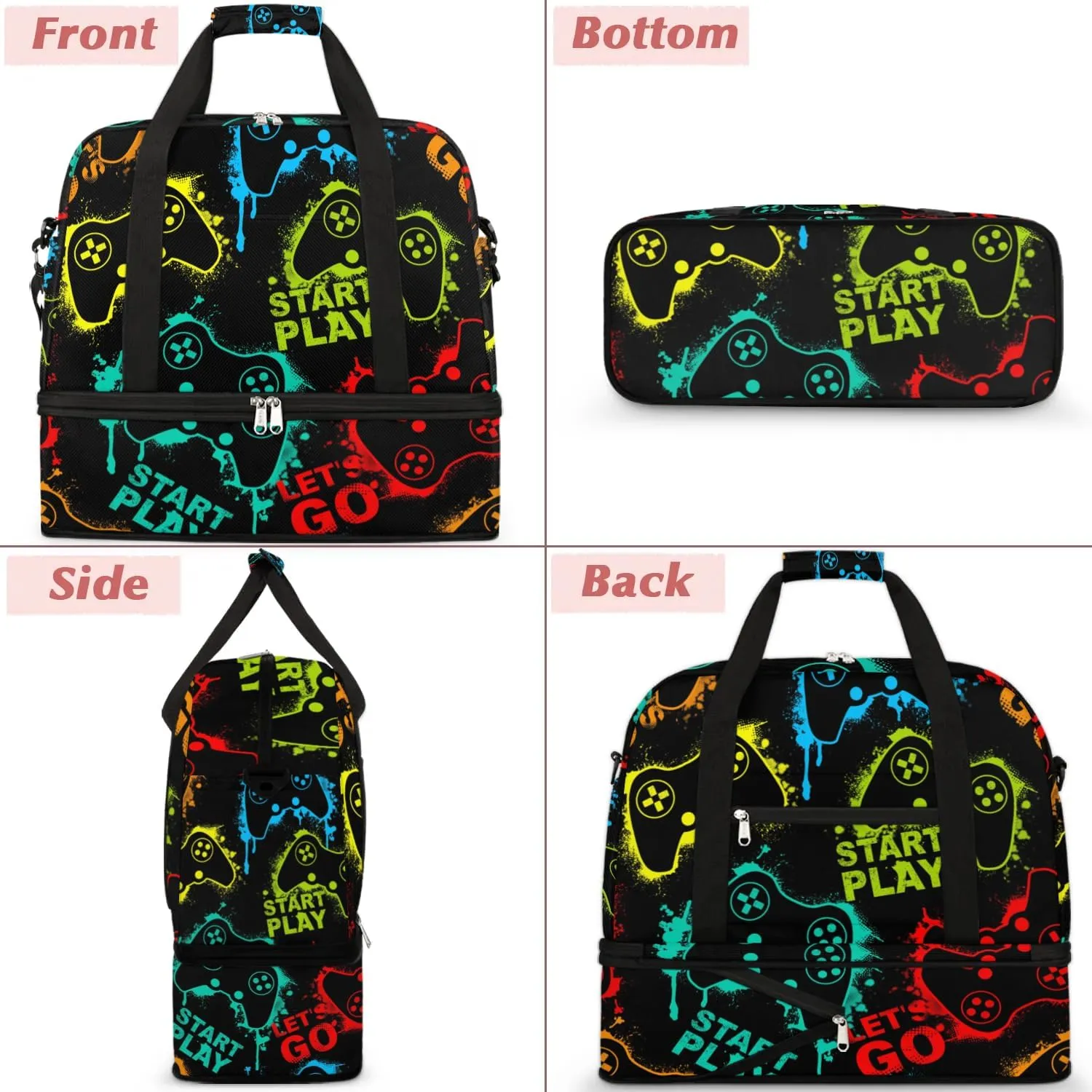 Gym Bag for Men Women, Carry on Travel Duffel Bag with Trolley Sleeve, Game Joysticks Waterproof Weekender Overnight Bags with Shoes and Wet Clothes Compartment for Sleepover Workout Sports