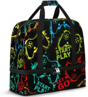 Gym Bag for Men Women, Carry on Travel Duffel Bag with Trolley Sleeve, Game Joysticks Waterproof Weekender Overnight Bags with Shoes and Wet Clothes Compartment for Sleepover Workout Sports