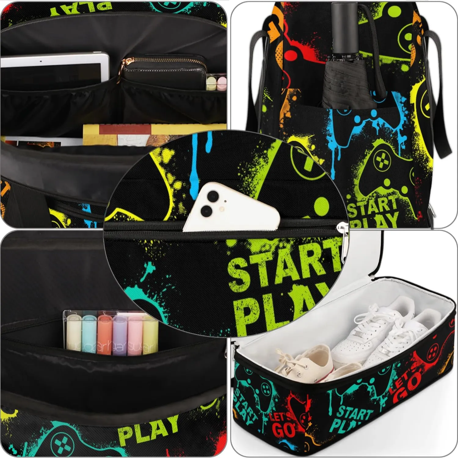 Gym Bag for Men Women, Carry on Travel Duffel Bag with Trolley Sleeve, Game Joysticks Waterproof Weekender Overnight Bags with Shoes and Wet Clothes Compartment for Sleepover Workout Sports