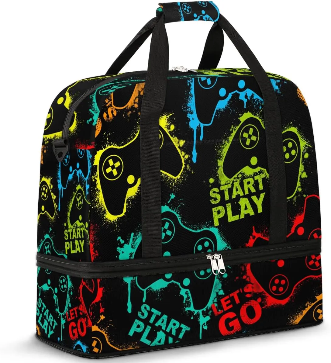 Gym Bag for Men Women, Carry on Travel Duffel Bag with Trolley Sleeve, Game Joysticks Waterproof Weekender Overnight Bags with Shoes and Wet Clothes Compartment for Sleepover Workout Sports