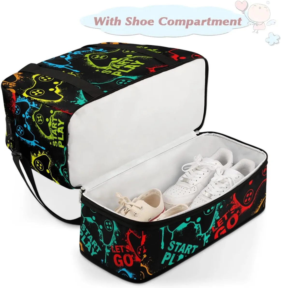 Gym Bag for Men Women, Carry on Travel Duffel Bag with Trolley Sleeve, Game Joysticks Waterproof Weekender Overnight Bags with Shoes and Wet Clothes Compartment for Sleepover Workout Sports
