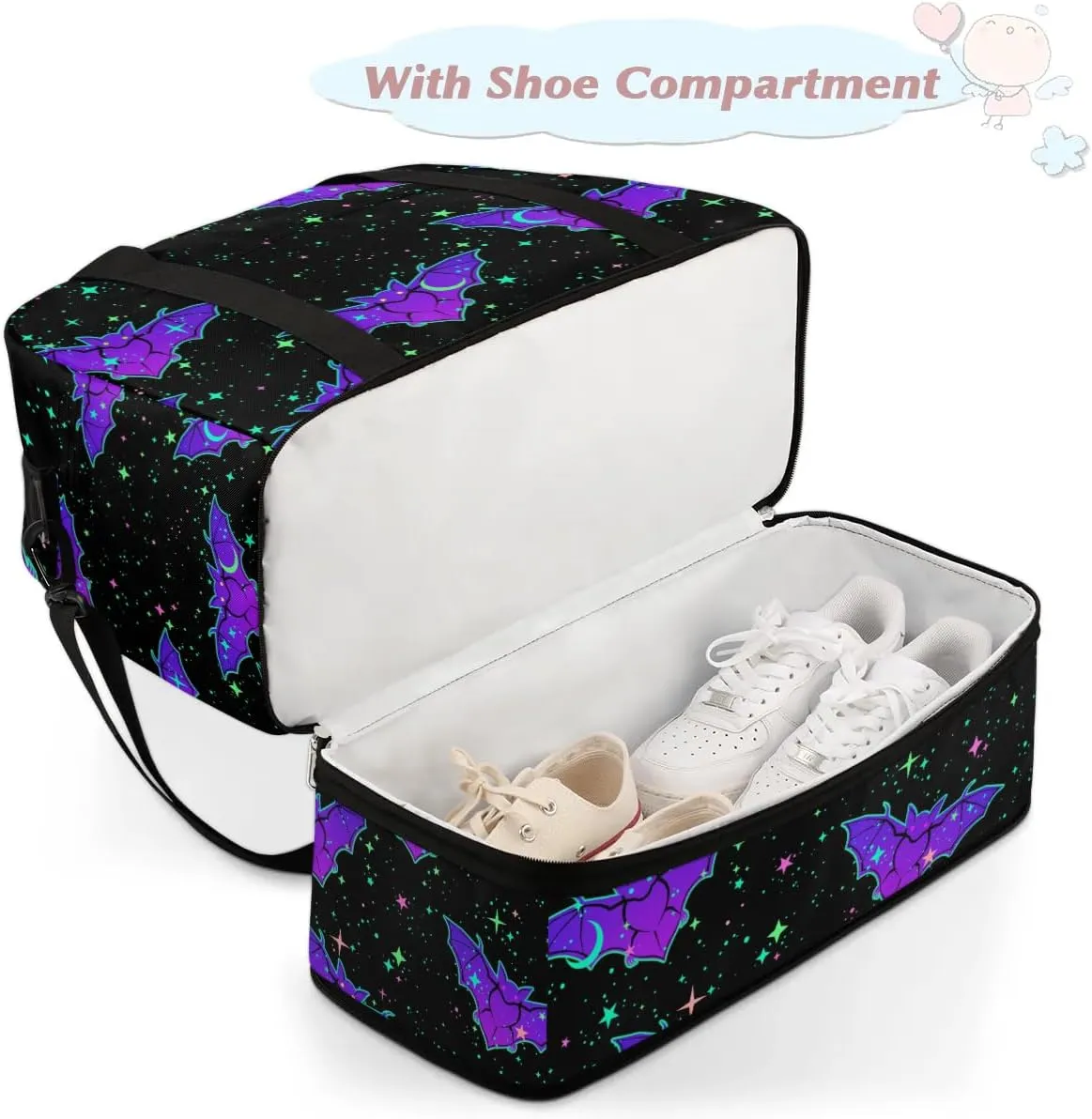 Gym Bag for Men Women, Gothic Bat Carry on Travel Duffel Bag with Trolley Sleeve, Waterproof Weekender Overnight Bags with Shoes and Wet Clothes Compartment for Sleepover Workout Sports