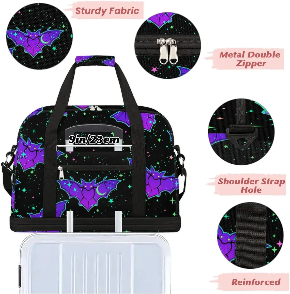 Gym Bag for Men Women, Gothic Bat Carry on Travel Duffel Bag with Trolley Sleeve, Waterproof Weekender Overnight Bags with Shoes and Wet Clothes Compartment for Sleepover Workout Sports
