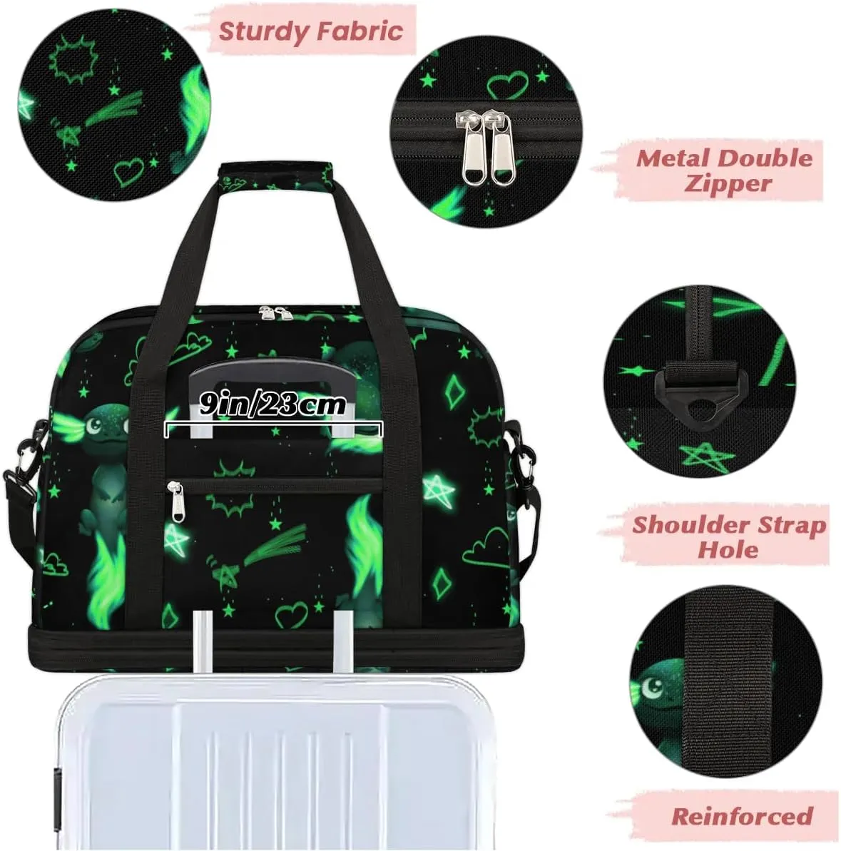 Gym Bag for Men Women, Green Axolotl Carry on Travel Duffel Bag with Trolley Sleeve, Waterproof Weekender Overnight Bags with Shoes and Wet Clothes Compartment for Sleepover Workout Sports