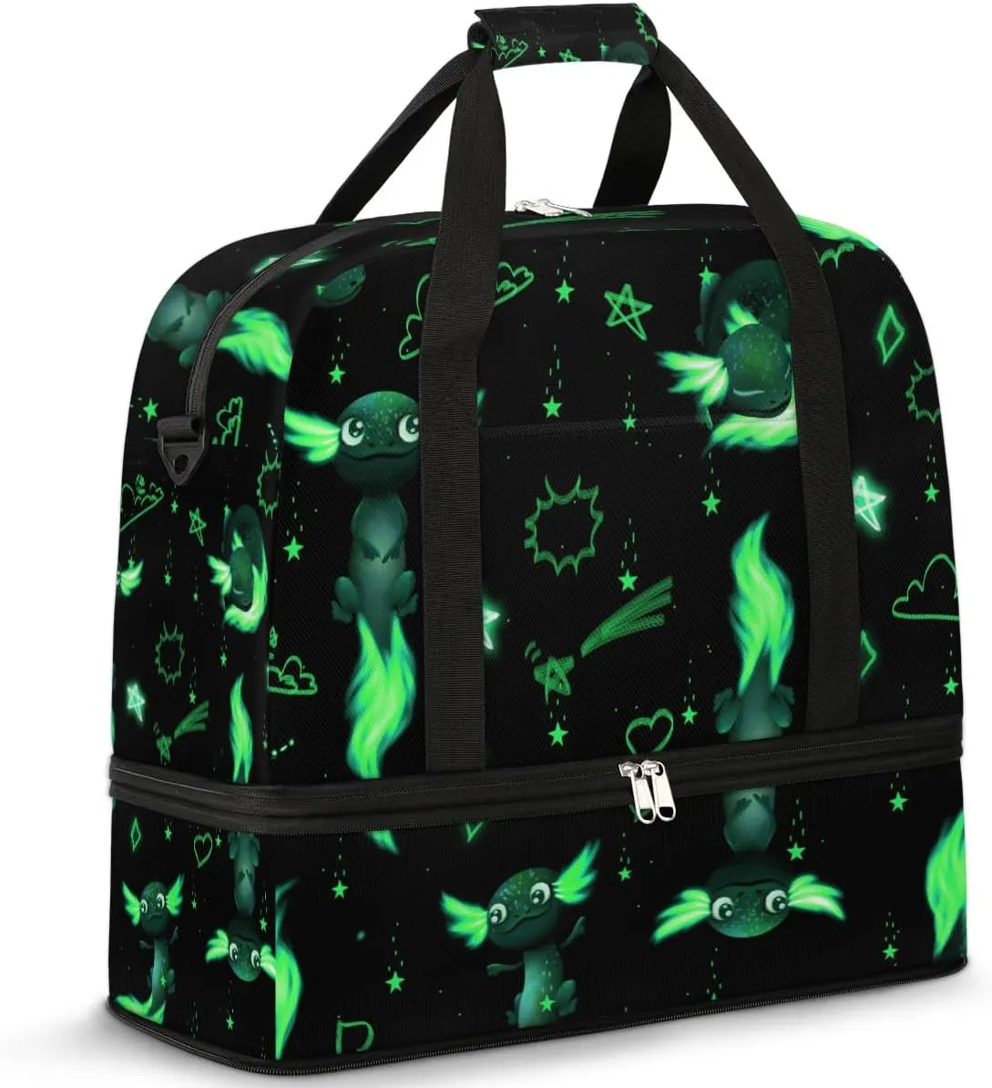 Gym Bag for Men Women, Green Axolotl Carry on Travel Duffel Bag with Trolley Sleeve, Waterproof Weekender Overnight Bags with Shoes and Wet Clothes Compartment for Sleepover Workout Sports