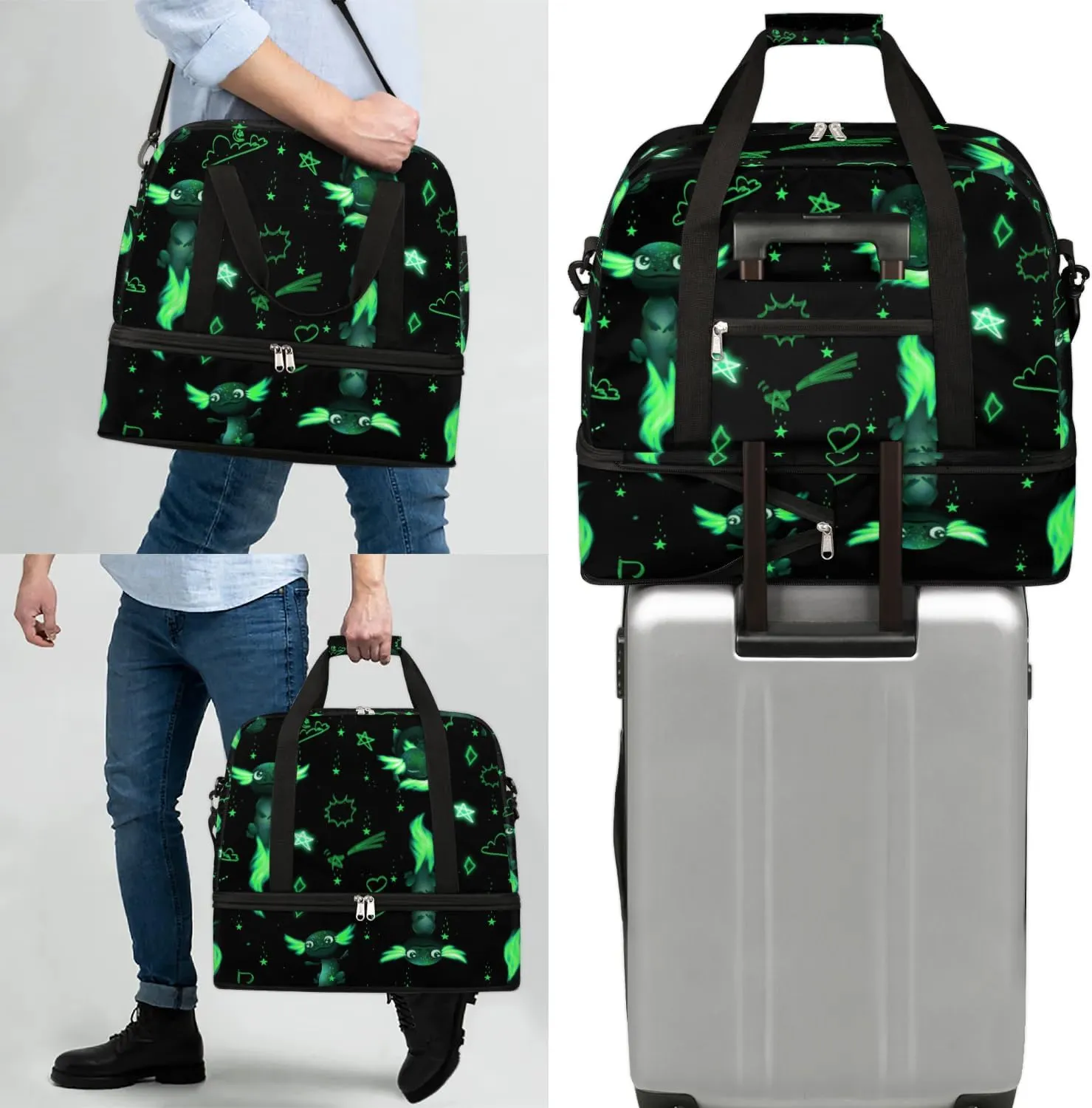 Gym Bag for Men Women, Green Axolotl Carry on Travel Duffel Bag with Trolley Sleeve, Waterproof Weekender Overnight Bags with Shoes and Wet Clothes Compartment for Sleepover Workout Sports
