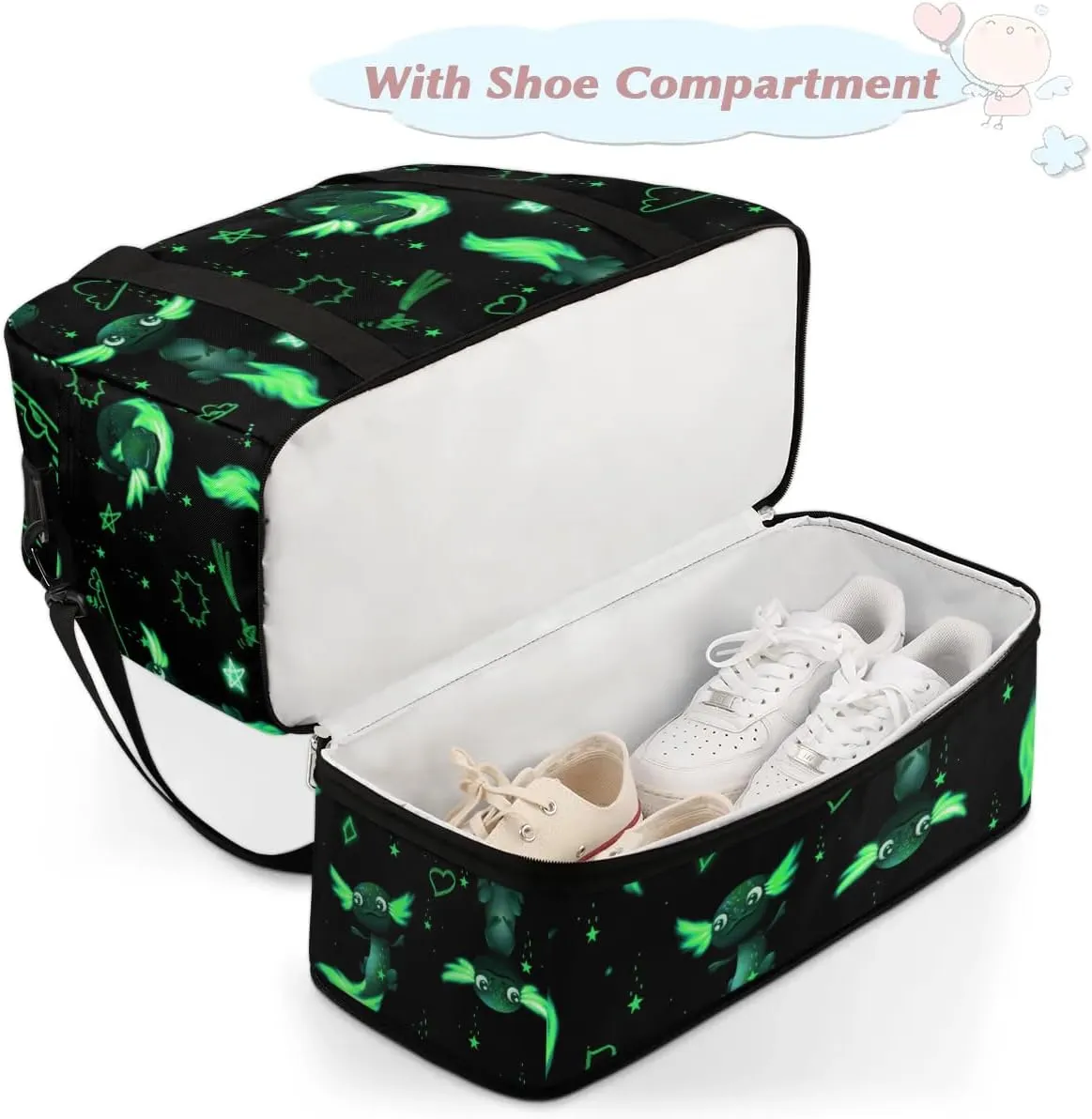 Gym Bag for Men Women, Green Axolotl Carry on Travel Duffel Bag with Trolley Sleeve, Waterproof Weekender Overnight Bags with Shoes and Wet Clothes Compartment for Sleepover Workout Sports