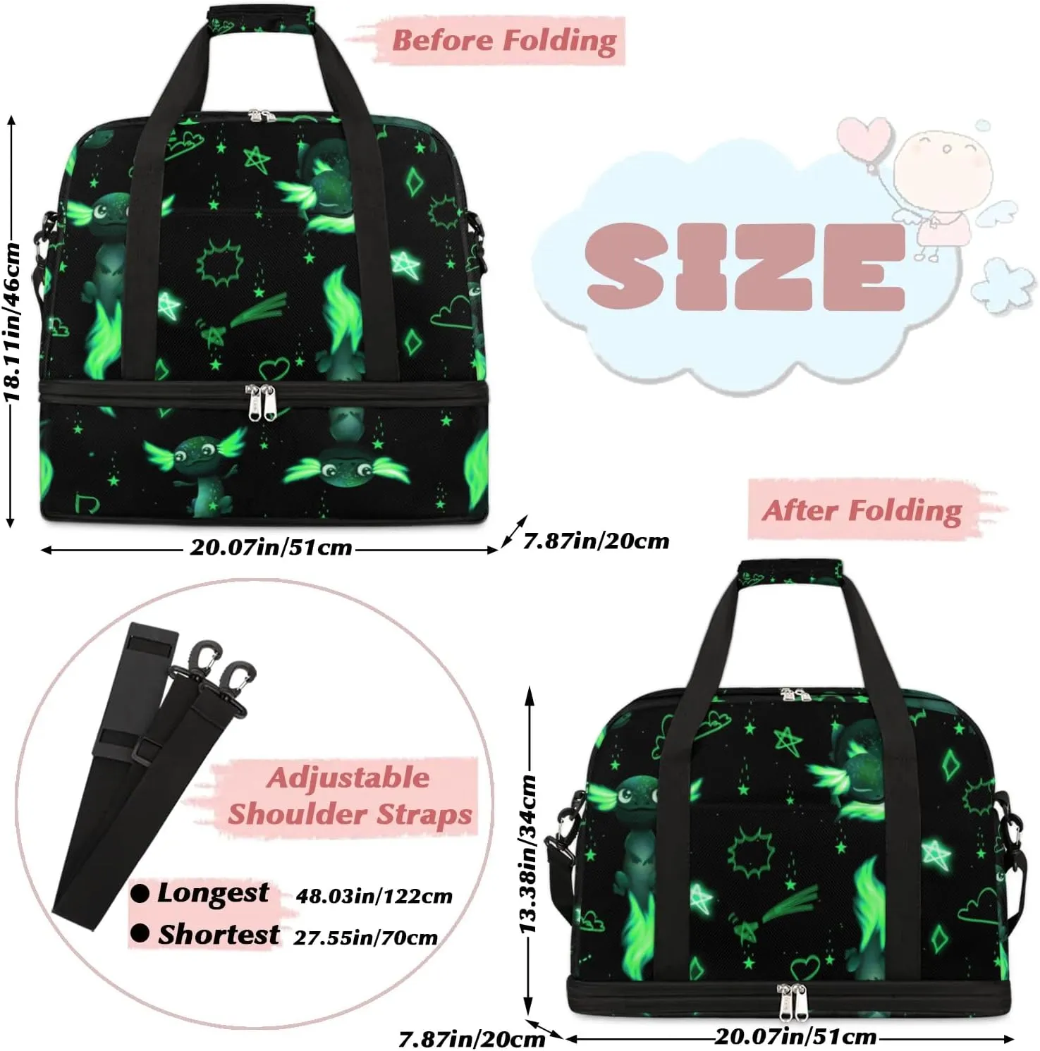 Gym Bag for Men Women, Green Axolotl Carry on Travel Duffel Bag with Trolley Sleeve, Waterproof Weekender Overnight Bags with Shoes and Wet Clothes Compartment for Sleepover Workout Sports