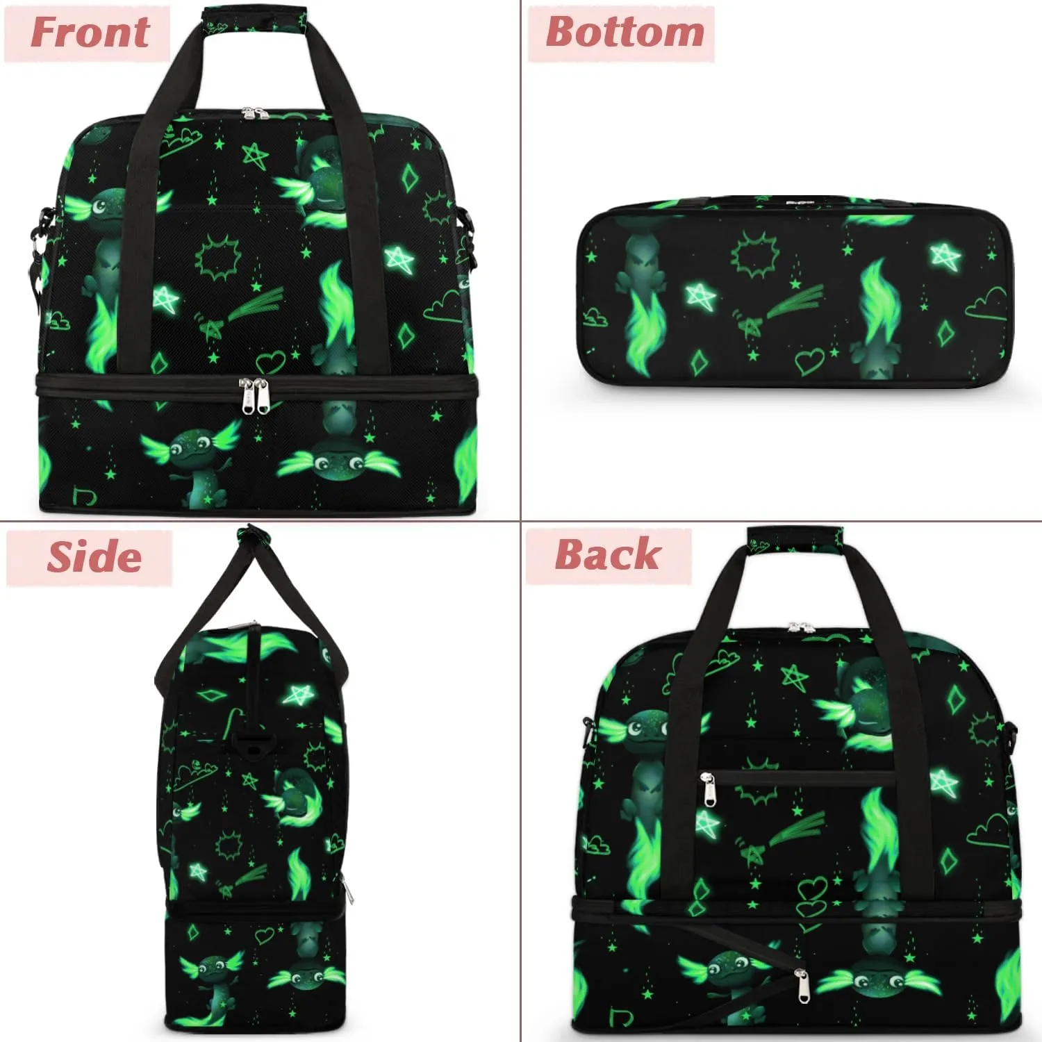 Gym Bag for Men Women, Green Axolotl Carry on Travel Duffel Bag with Trolley Sleeve, Waterproof Weekender Overnight Bags with Shoes and Wet Clothes Compartment for Sleepover Workout Sports