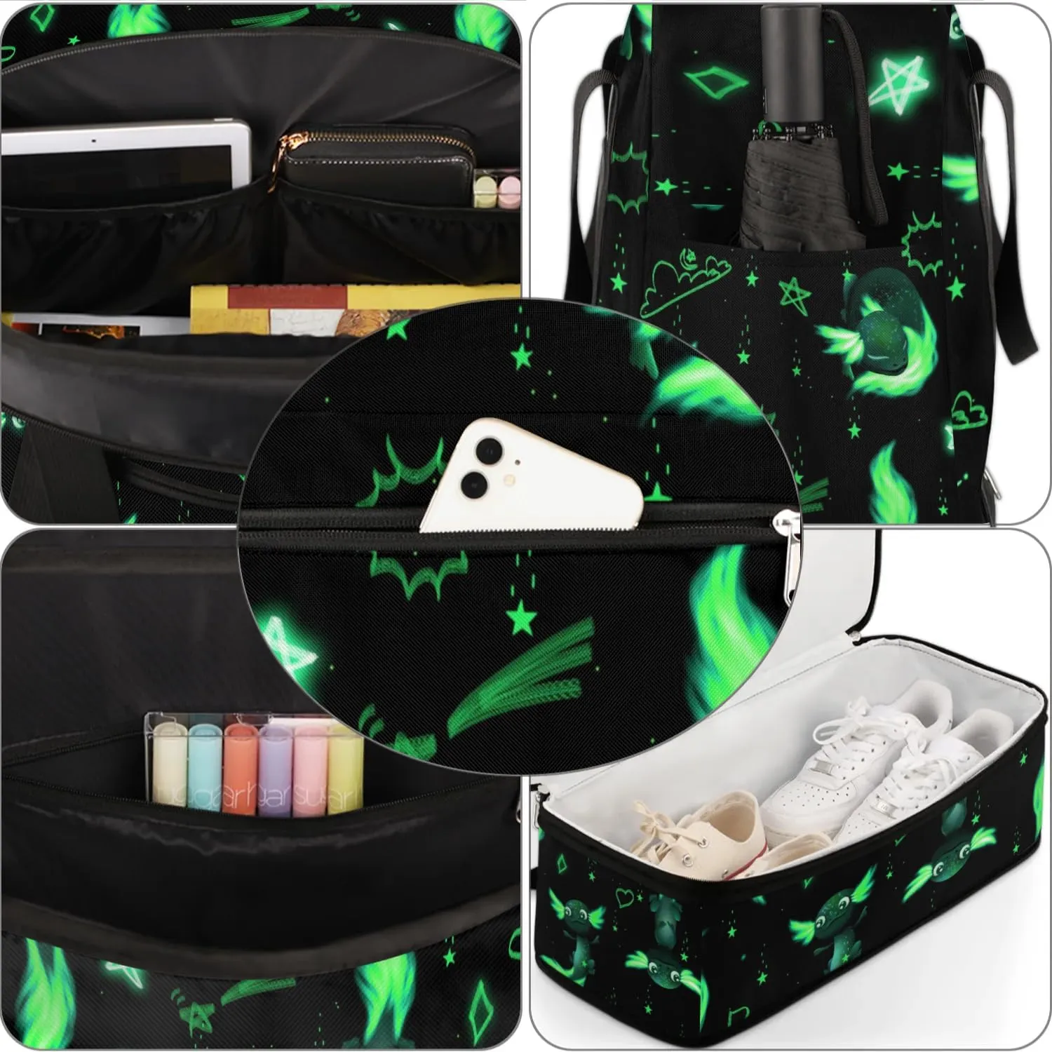 Gym Bag for Men Women, Green Axolotl Carry on Travel Duffel Bag with Trolley Sleeve, Waterproof Weekender Overnight Bags with Shoes and Wet Clothes Compartment for Sleepover Workout Sports