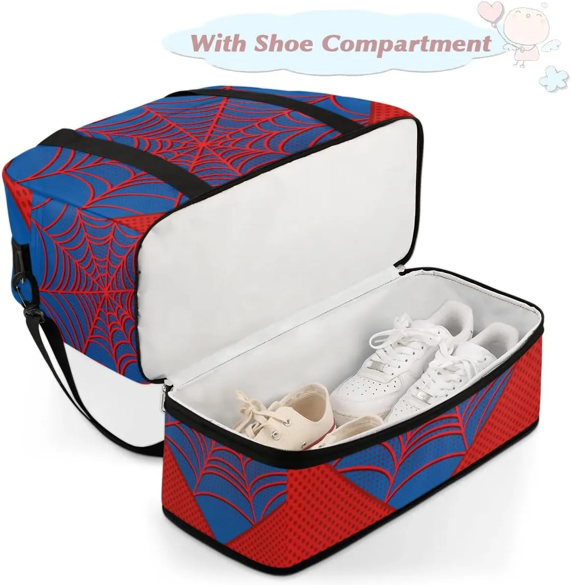 Gym Bag for Men Women, White Spider Carry on Travel Duffel Bag with Trolley Sleeve, Waterproof Weekender Overnight Bags with Shoes and Wet Clothes Compartment for Sleepover Workout Sports