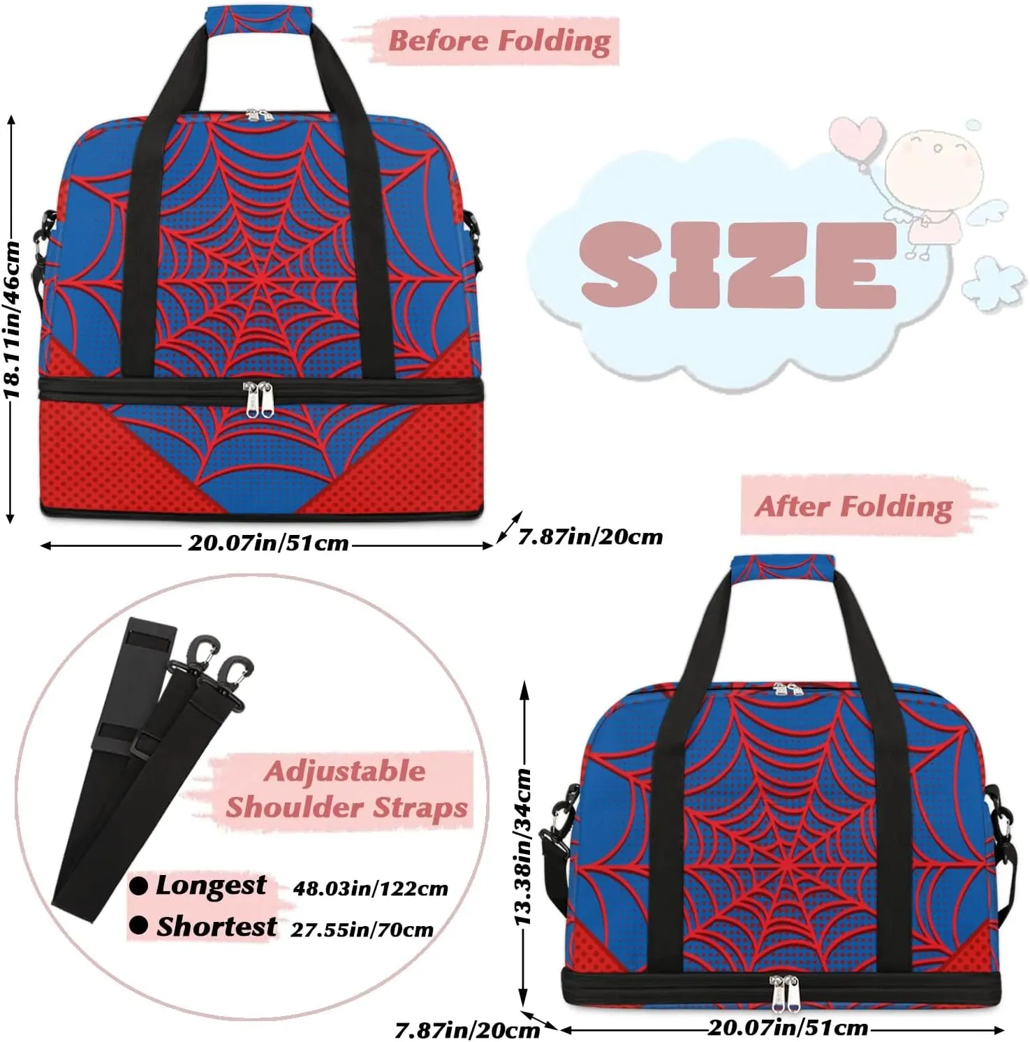 Gym Bag for Men Women, White Spider Carry on Travel Duffel Bag with Trolley Sleeve, Waterproof Weekender Overnight Bags with Shoes and Wet Clothes Compartment for Sleepover Workout Sports
