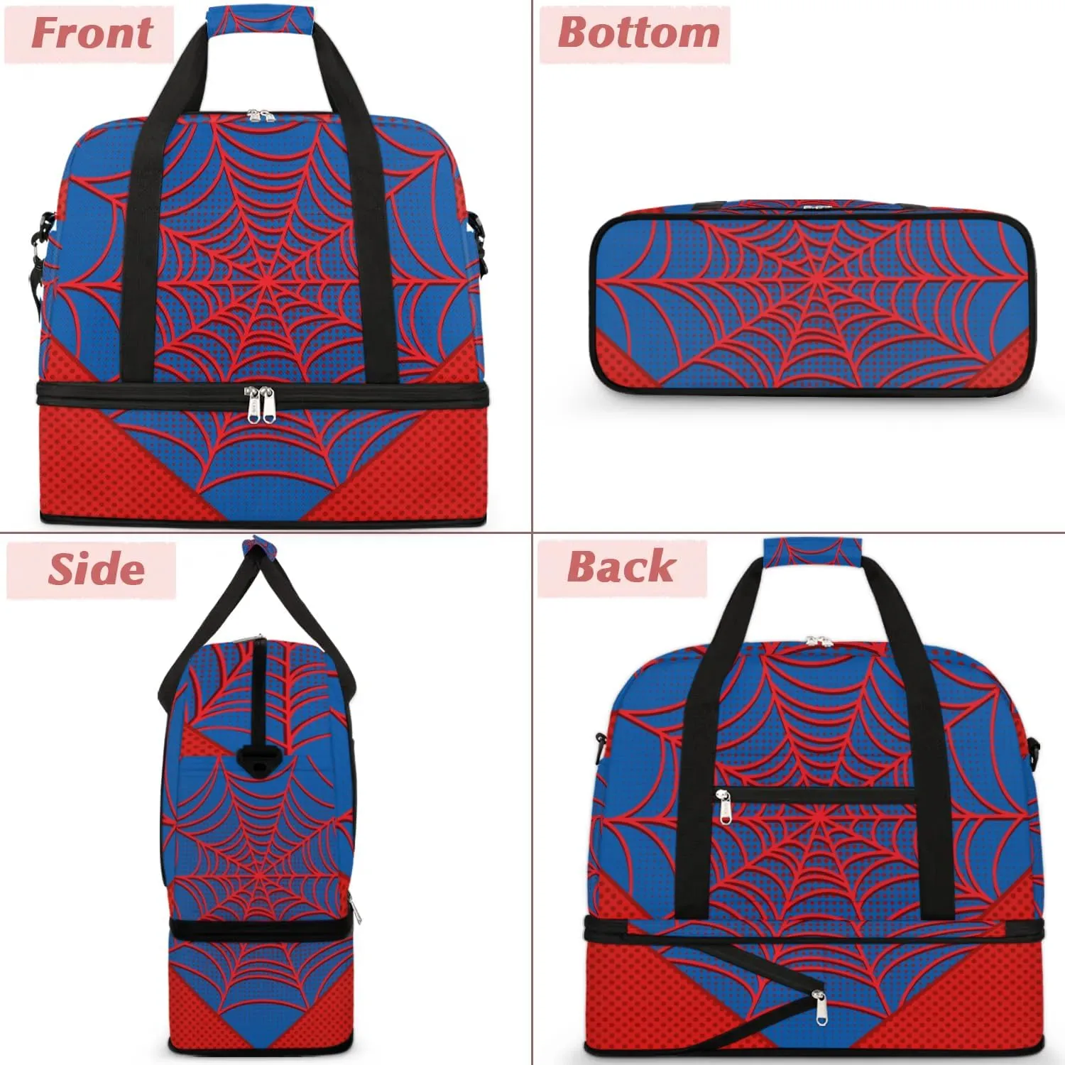 Gym Bag for Men Women, White Spider Carry on Travel Duffel Bag with Trolley Sleeve, Waterproof Weekender Overnight Bags with Shoes and Wet Clothes Compartment for Sleepover Workout Sports