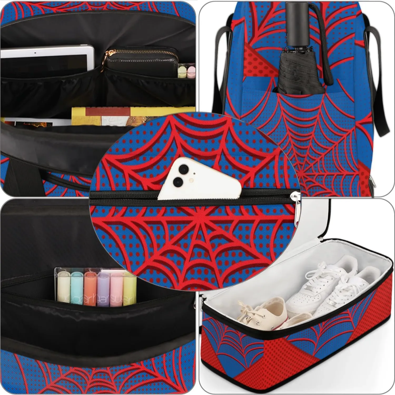 Gym Bag for Men Women, White Spider Carry on Travel Duffel Bag with Trolley Sleeve, Waterproof Weekender Overnight Bags with Shoes and Wet Clothes Compartment for Sleepover Workout Sports