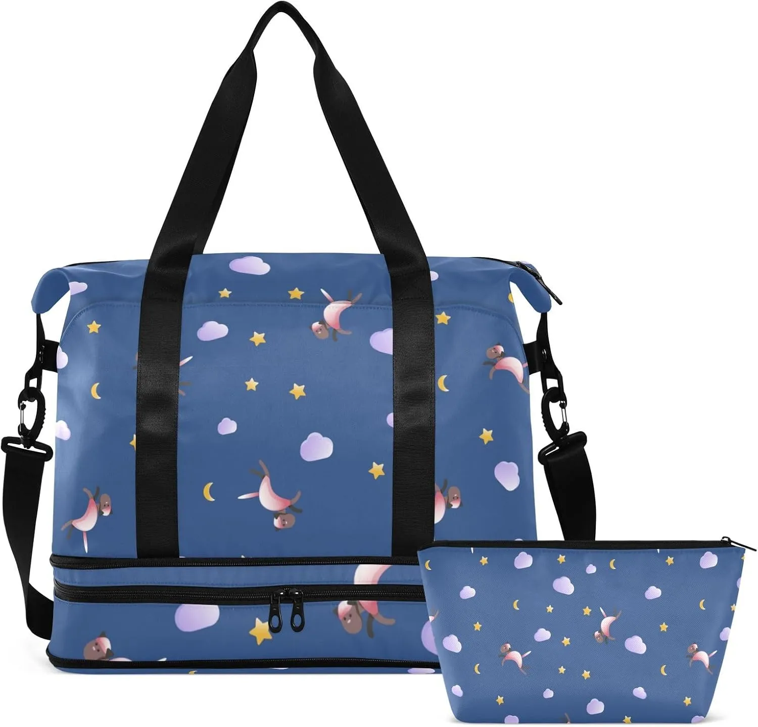 Gym Bag for Women Duffel Bags for Traveling Sports Bag with Shoe Compartment Dual Handles Removable Strap Multi Pockets Large Capacity Fashionable Animal Cloud Stars
