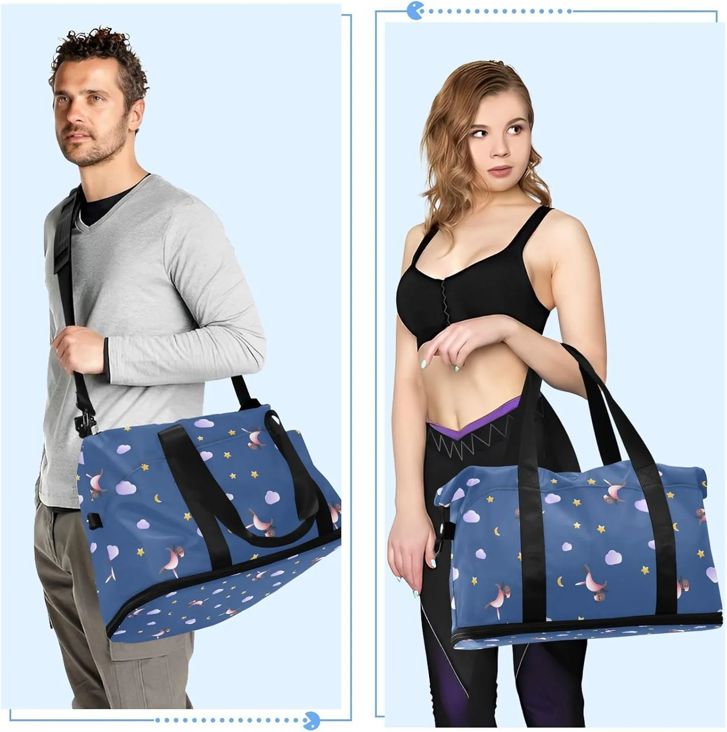 Gym Bag for Women Duffel Bags for Traveling Sports Bag with Shoe Compartment Dual Handles Removable Strap Multi Pockets Large Capacity Fashionable Animal Cloud Stars