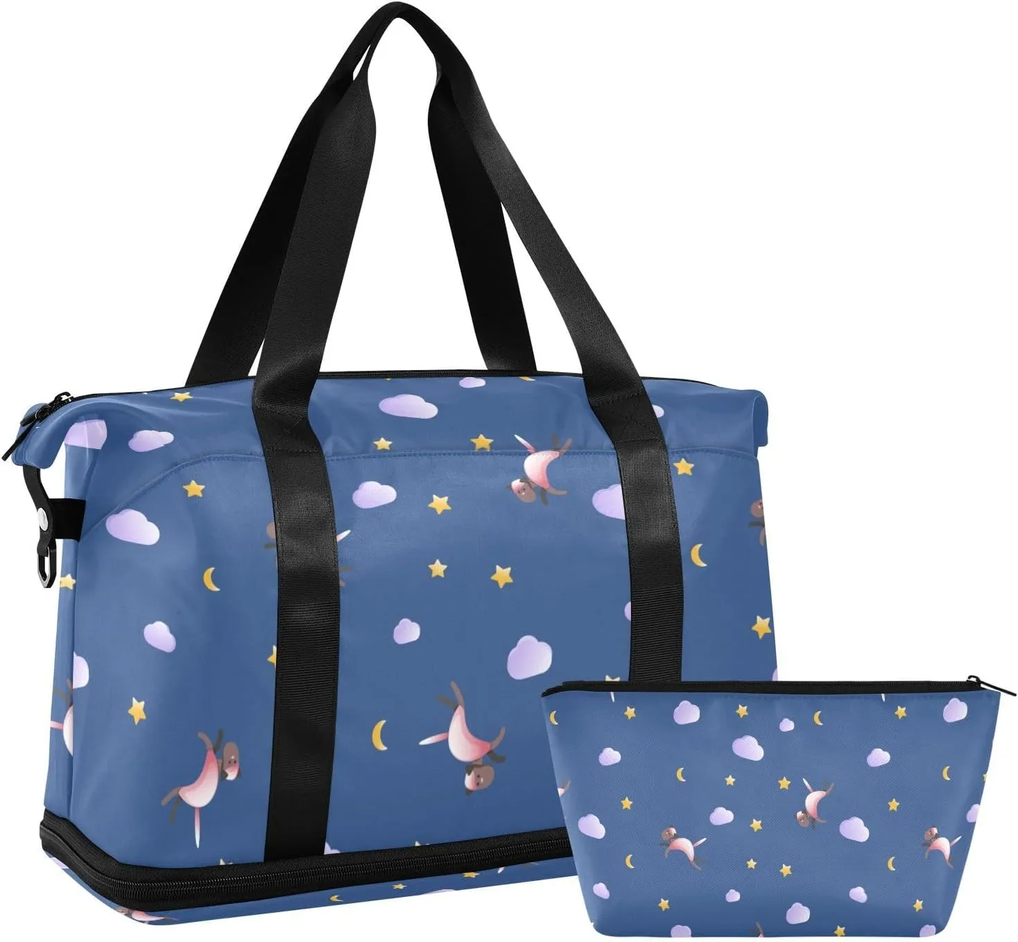 Gym Bag for Women Duffel Bags for Traveling Sports Bag with Shoe Compartment Dual Handles Removable Strap Multi Pockets Large Capacity Fashionable Animal Cloud Stars