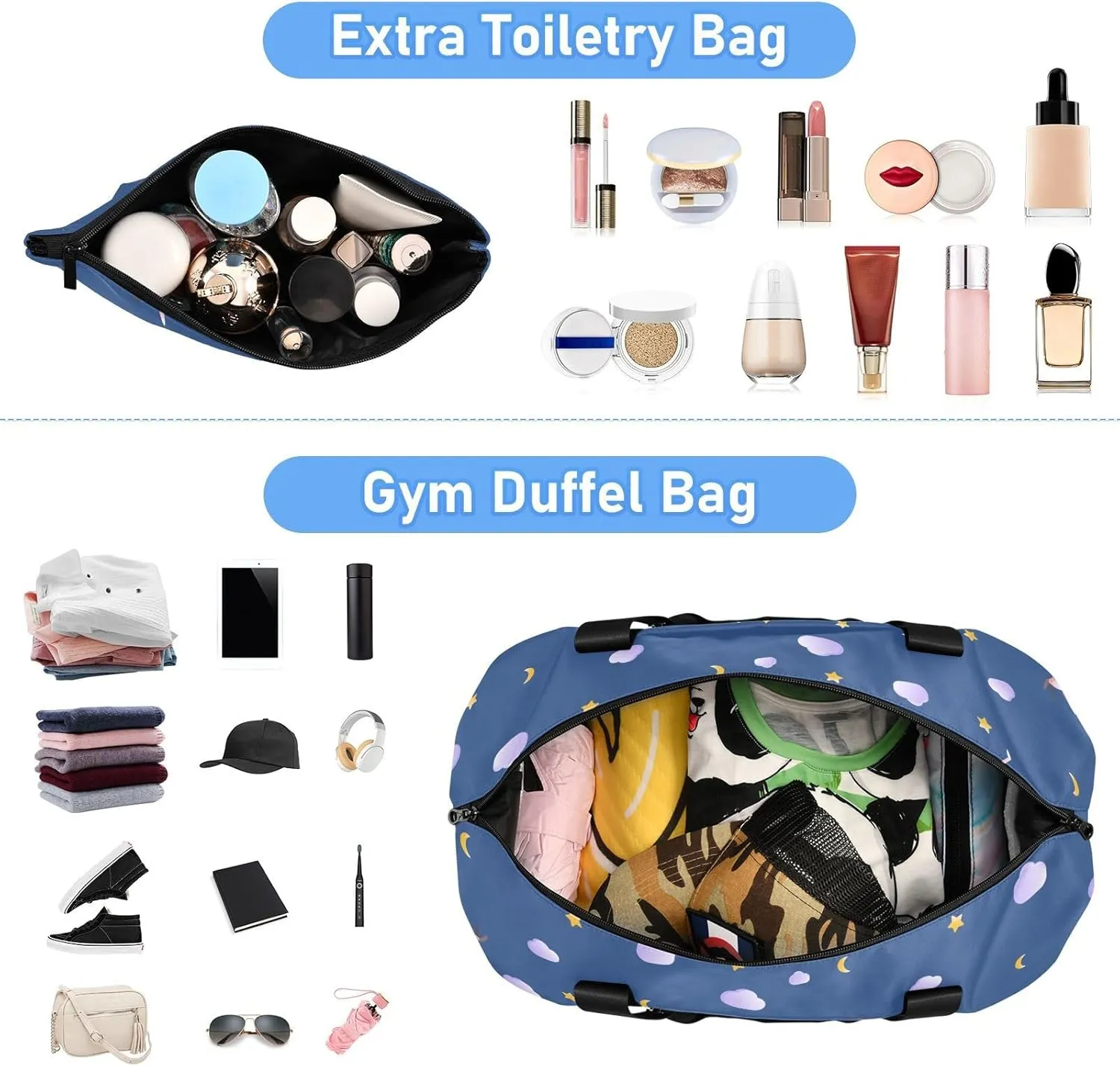 Gym Bag for Women Duffel Bags for Traveling Sports Bag with Shoe Compartment Dual Handles Removable Strap Multi Pockets Large Capacity Fashionable Animal Cloud Stars