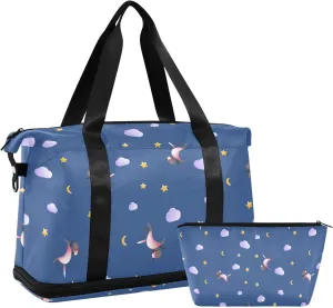 Gym Bag for Women Duffel Bags for Traveling Sports Bag with Shoe Compartment Dual Handles Removable Strap Multi Pockets Large Capacity Fashionable Animal Cloud Stars