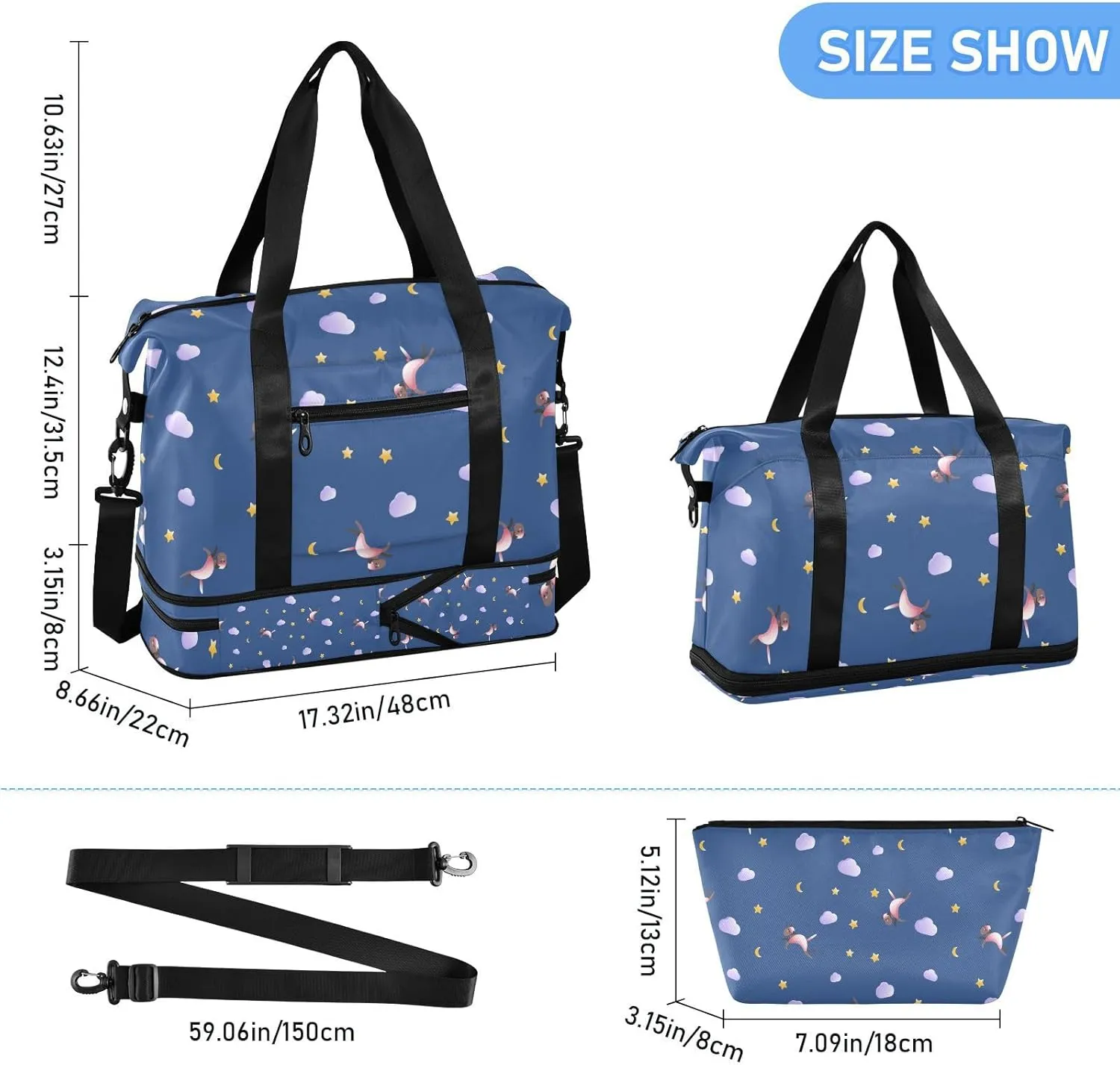 Gym Bag for Women Duffel Bags for Traveling Sports Bag with Shoe Compartment Dual Handles Removable Strap Multi Pockets Large Capacity Fashionable Animal Cloud Stars