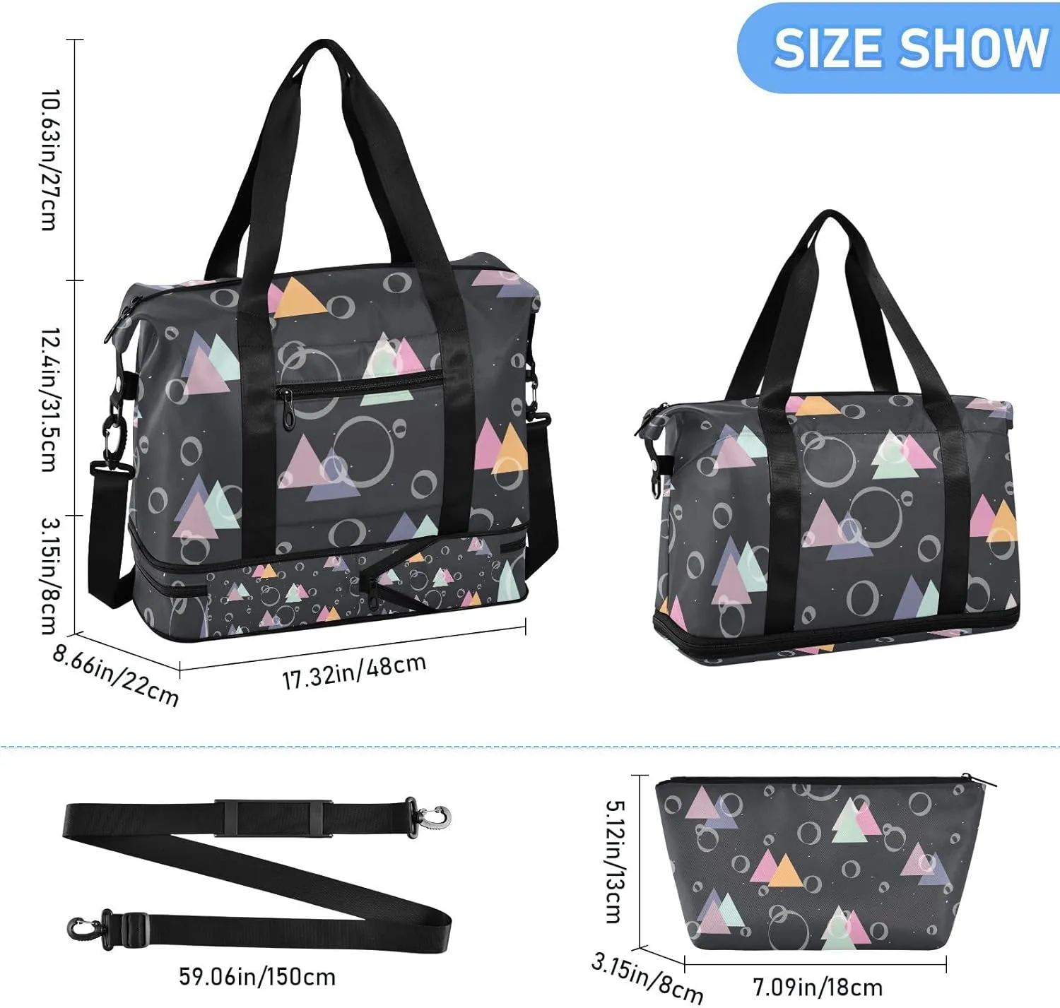 Gym Bag for Women Duffel Bags for Traveling Sports Bag with Shoe Compartment Dual Handles Removable Strap Multi Pockets Large Capacity Fashionable Black