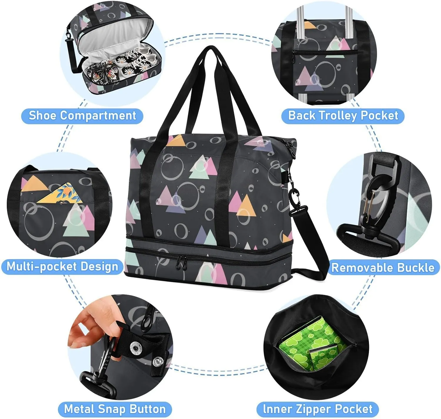 Gym Bag for Women Duffel Bags for Traveling Sports Bag with Shoe Compartment Dual Handles Removable Strap Multi Pockets Large Capacity Fashionable Black