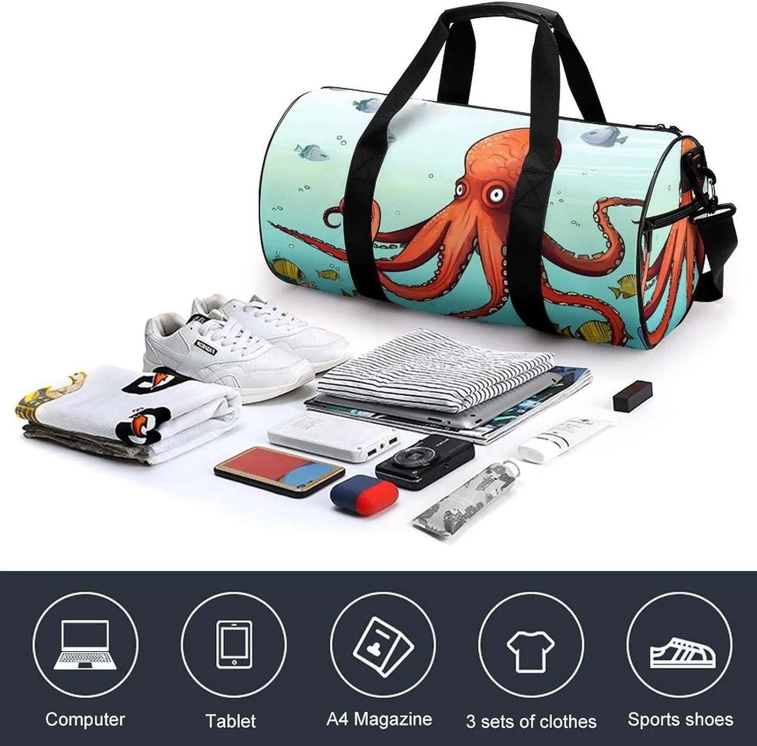 Gym Bag Giant Octopus Duffel Bag for Men Women Overnight Bag with Shoe Compartment Workout Bags