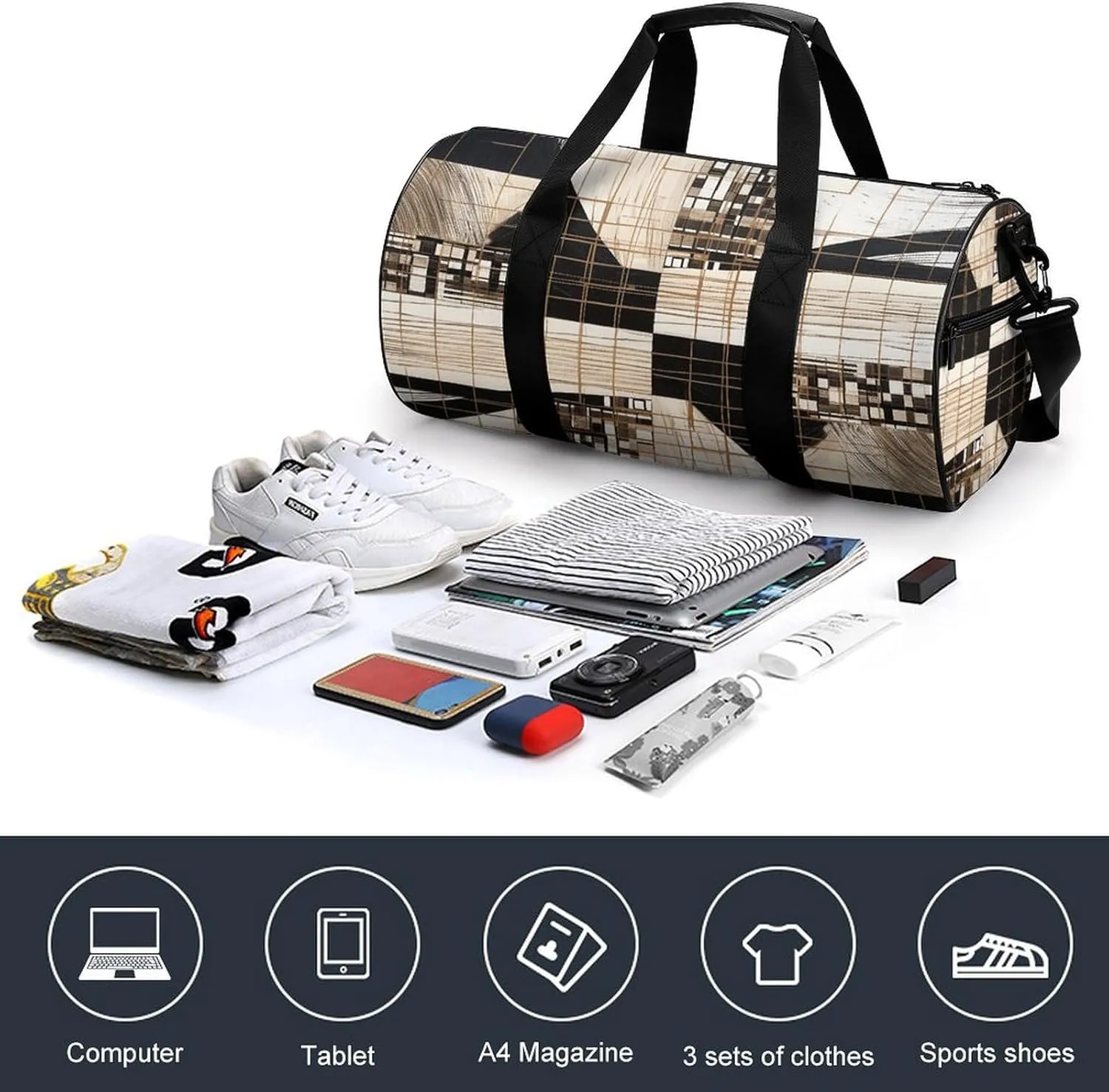 Gym Bag Lines And Squares Duffel Bag for Men Women Overnight Bag with Shoe Compartment Workout Bags