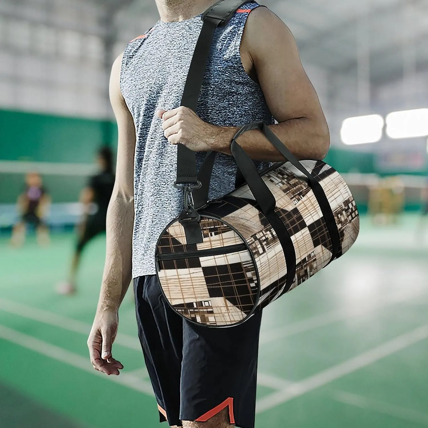 Gym Bag Lines And Squares Duffel Bag for Men Women Overnight Bag with Shoe Compartment Workout Bags