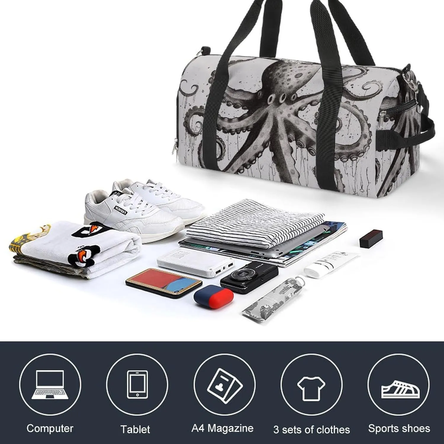 Gym Bag Octopus Duffel Bag for Men Women Overnight Bag with Shoe Compartment Workout Bags