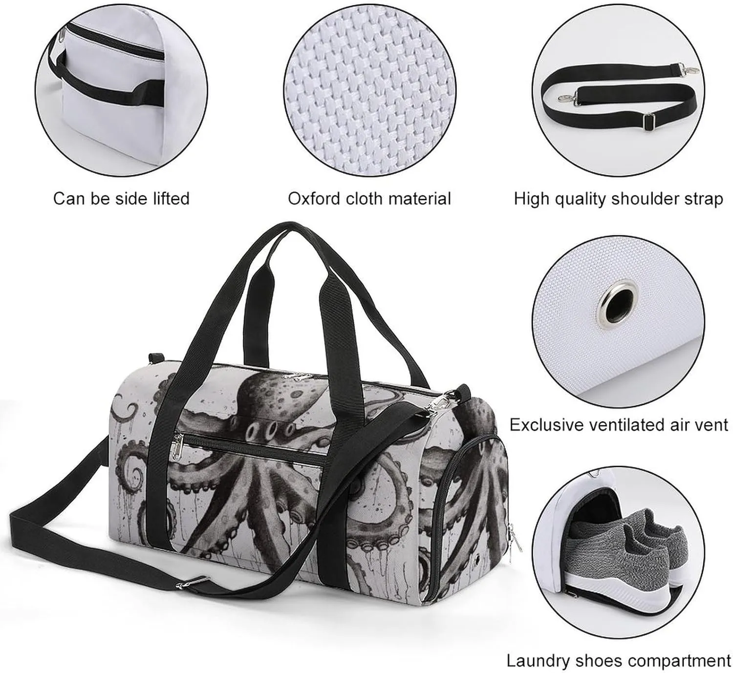 Gym Bag Octopus Duffel Bag for Men Women Overnight Bag with Shoe Compartment Workout Bags