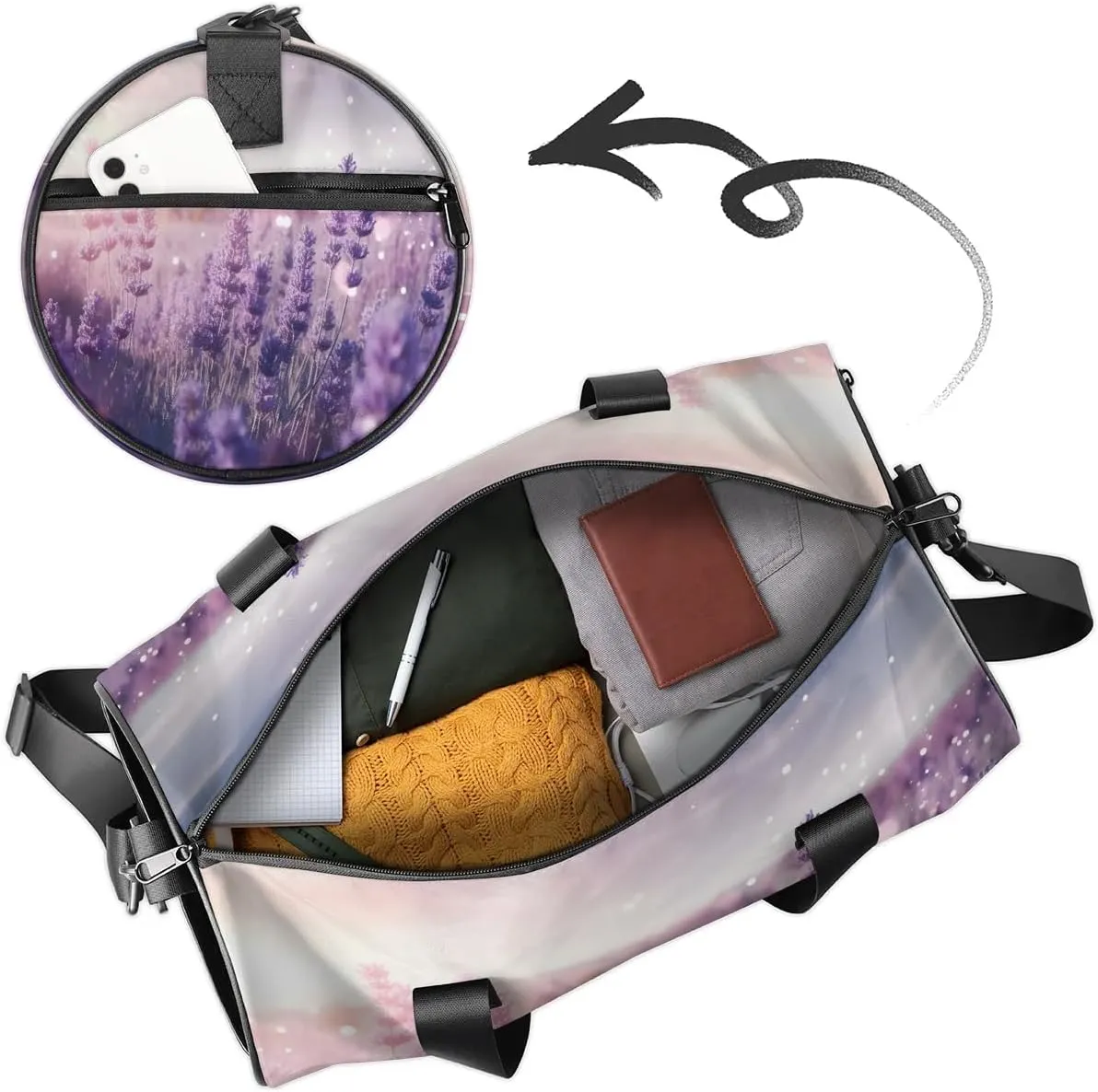 Gym Bags for Men Women Bloom Flowers Lavender Sports Duffel Bags Carry On Travel Duffle Bag with Detachable Adjustable Shoulder Strap Overnight Weekender Bag