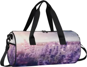 Gym Bags for Men Women Bloom Flowers Lavender Sports Duffel Bags Carry On Travel Duffle Bag with Detachable Adjustable Shoulder Strap Overnight Weekender Bag