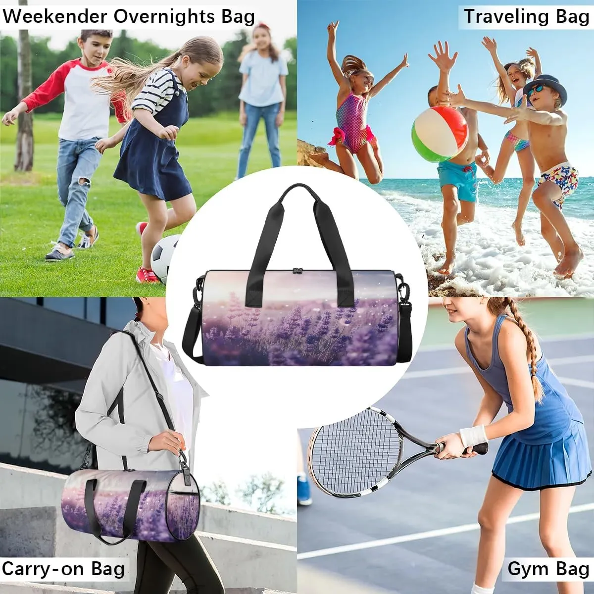 Gym Bags for Men Women Bloom Flowers Lavender Sports Duffel Bags Carry On Travel Duffle Bag with Detachable Adjustable Shoulder Strap Overnight Weekender Bag