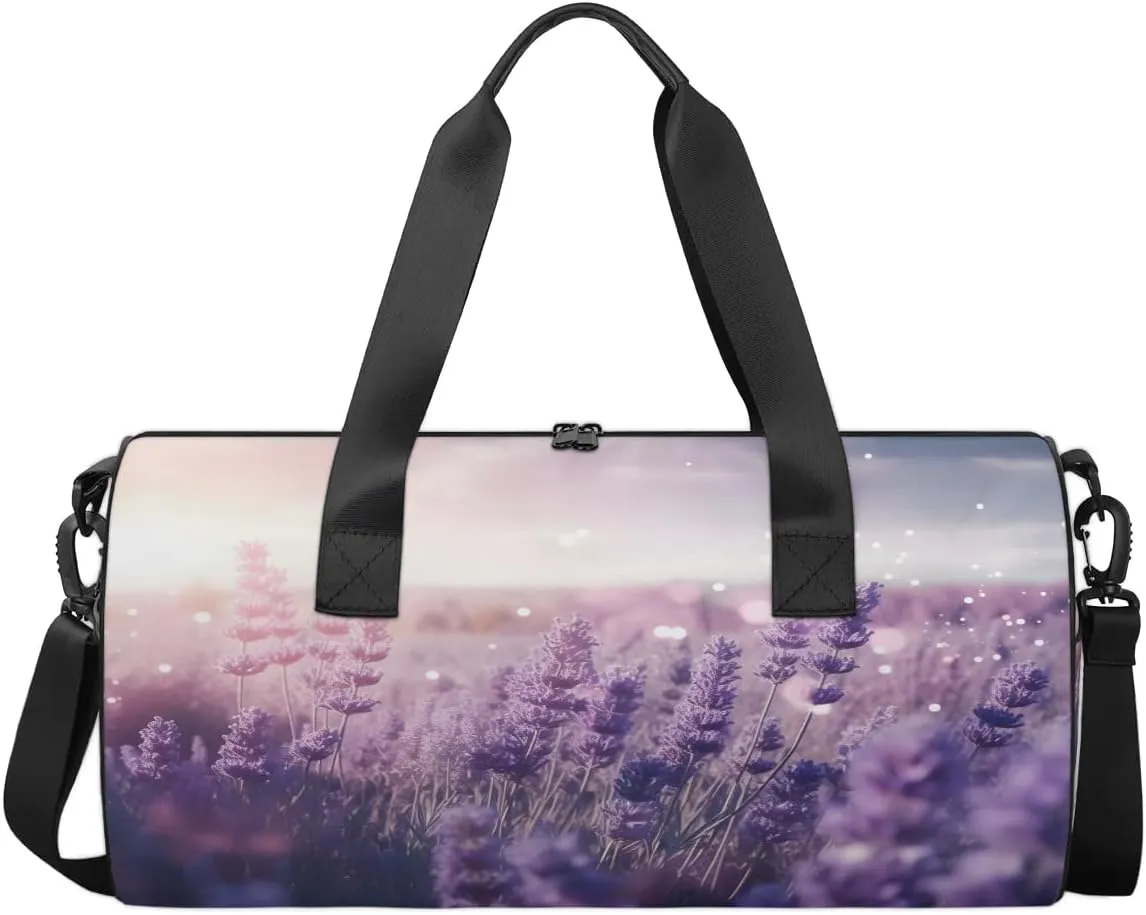 Gym Bags for Men Women Bloom Flowers Lavender Sports Duffel Bags Carry On Travel Duffle Bag with Detachable Adjustable Shoulder Strap Overnight Weekender Bag
