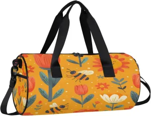 Gym Bags for Men Women Cartoon Bee Flower Sun Sports Duffel Bags Carry On Travel Duffle Bag with Detachable Adjustable Shoulder Strap Overnight Weekender Bag