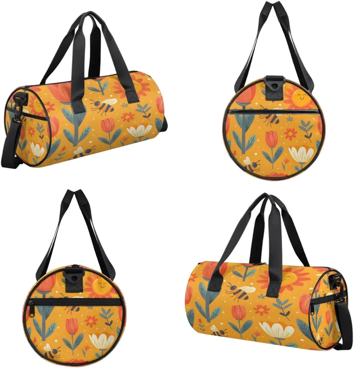 Gym Bags for Men Women Cartoon Bee Flower Sun Sports Duffel Bags Carry On Travel Duffle Bag with Detachable Adjustable Shoulder Strap Overnight Weekender Bag