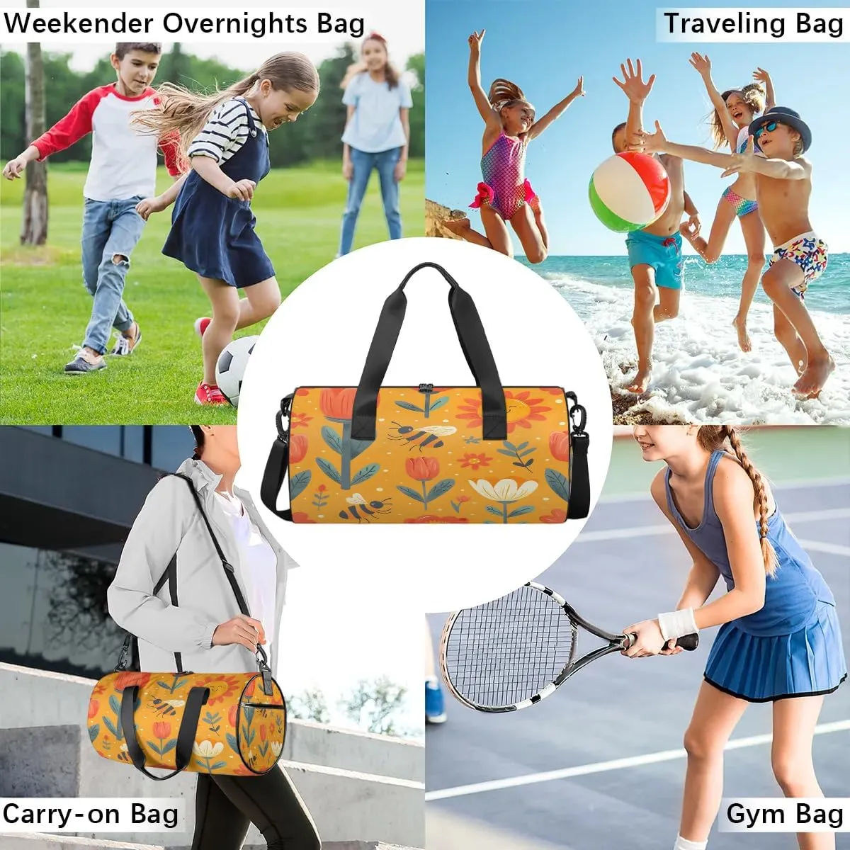 Gym Bags for Men Women Cartoon Bee Flower Sun Sports Duffel Bags Carry On Travel Duffle Bag with Detachable Adjustable Shoulder Strap Overnight Weekender Bag