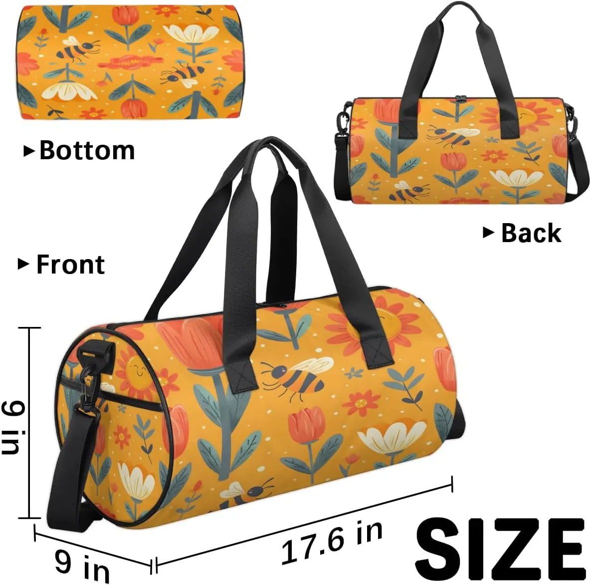 Gym Bags for Men Women Cartoon Bee Flower Sun Sports Duffel Bags Carry On Travel Duffle Bag with Detachable Adjustable Shoulder Strap Overnight Weekender Bag