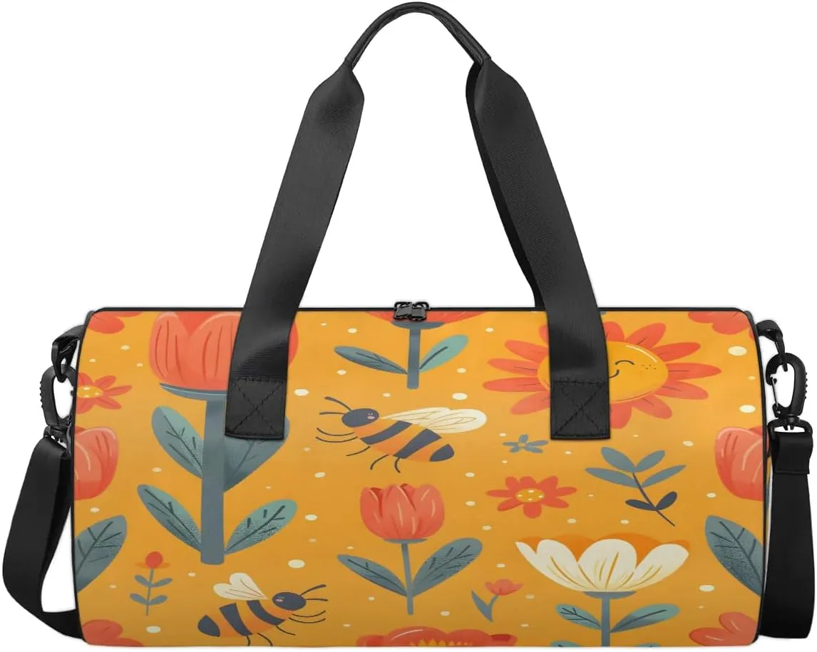 Gym Bags for Men Women Cartoon Bee Flower Sun Sports Duffel Bags Carry On Travel Duffle Bag with Detachable Adjustable Shoulder Strap Overnight Weekender Bag