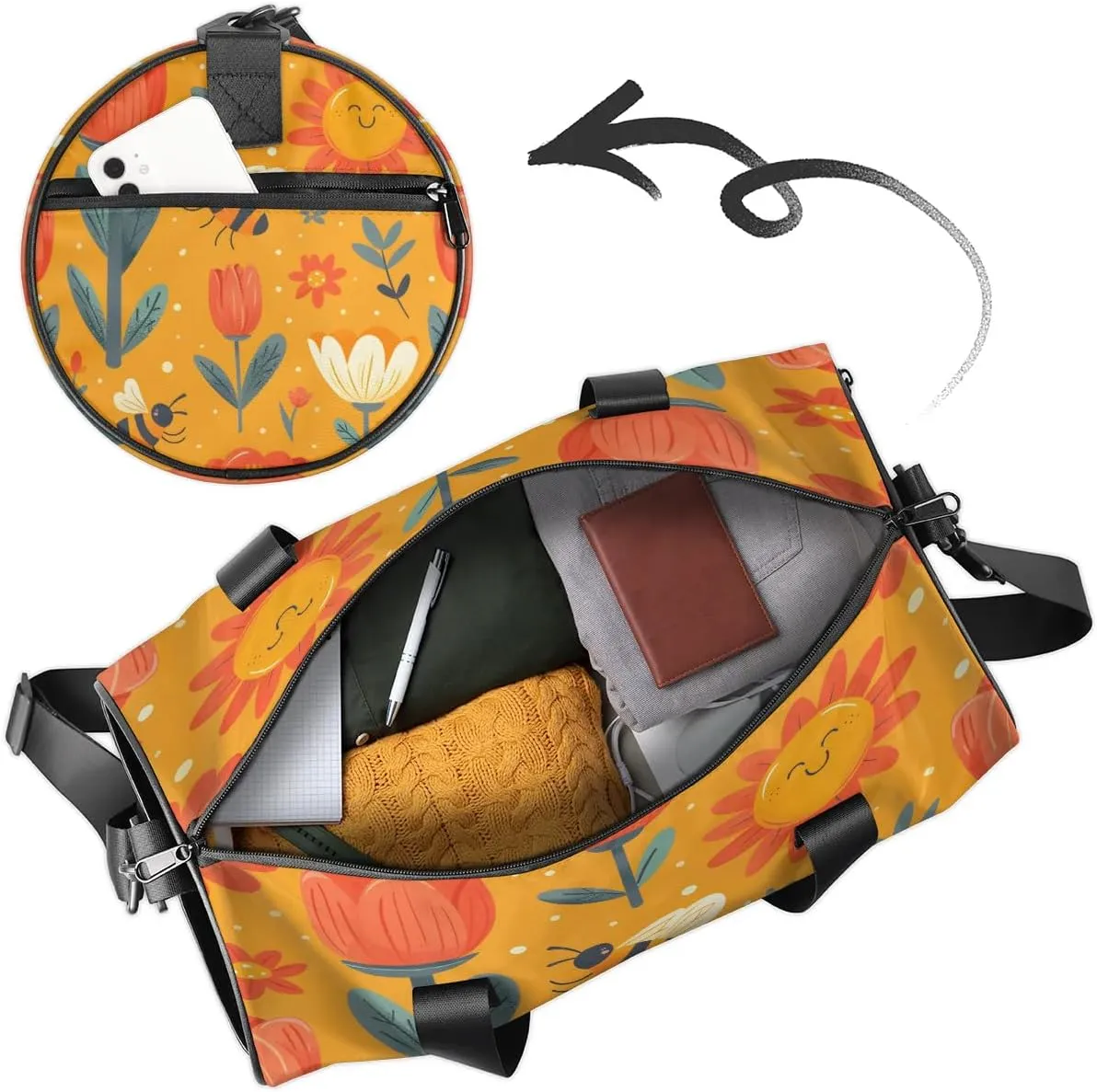 Gym Bags for Men Women Cartoon Bee Flower Sun Sports Duffel Bags Carry On Travel Duffle Bag with Detachable Adjustable Shoulder Strap Overnight Weekender Bag