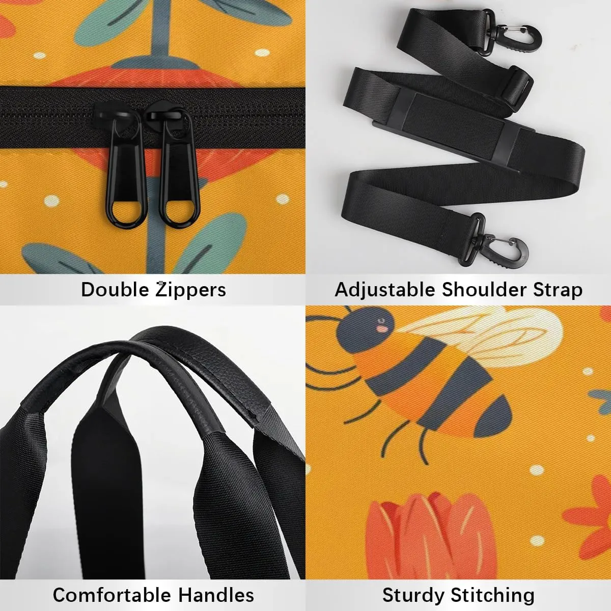 Gym Bags for Men Women Cartoon Bee Flower Sun Sports Duffel Bags Carry On Travel Duffle Bag with Detachable Adjustable Shoulder Strap Overnight Weekender Bag