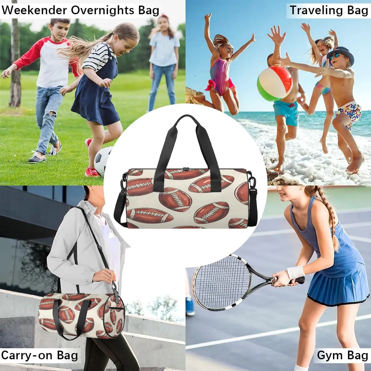Gym Bags for Men Women Cartoon Footballs Sports Duffel Bags Carry On Travel Duffle Bag with Detachable Adjustable Shoulder Strap Overnight Weekender Bag