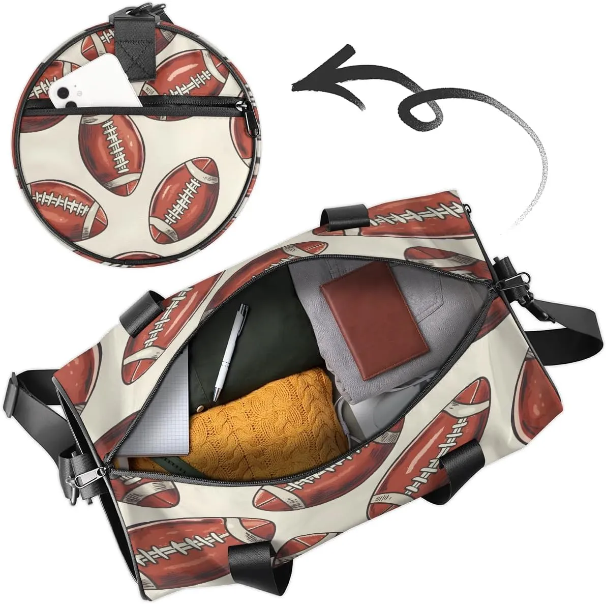 Gym Bags for Men Women Cartoon Footballs Sports Duffel Bags Carry On Travel Duffle Bag with Detachable Adjustable Shoulder Strap Overnight Weekender Bag