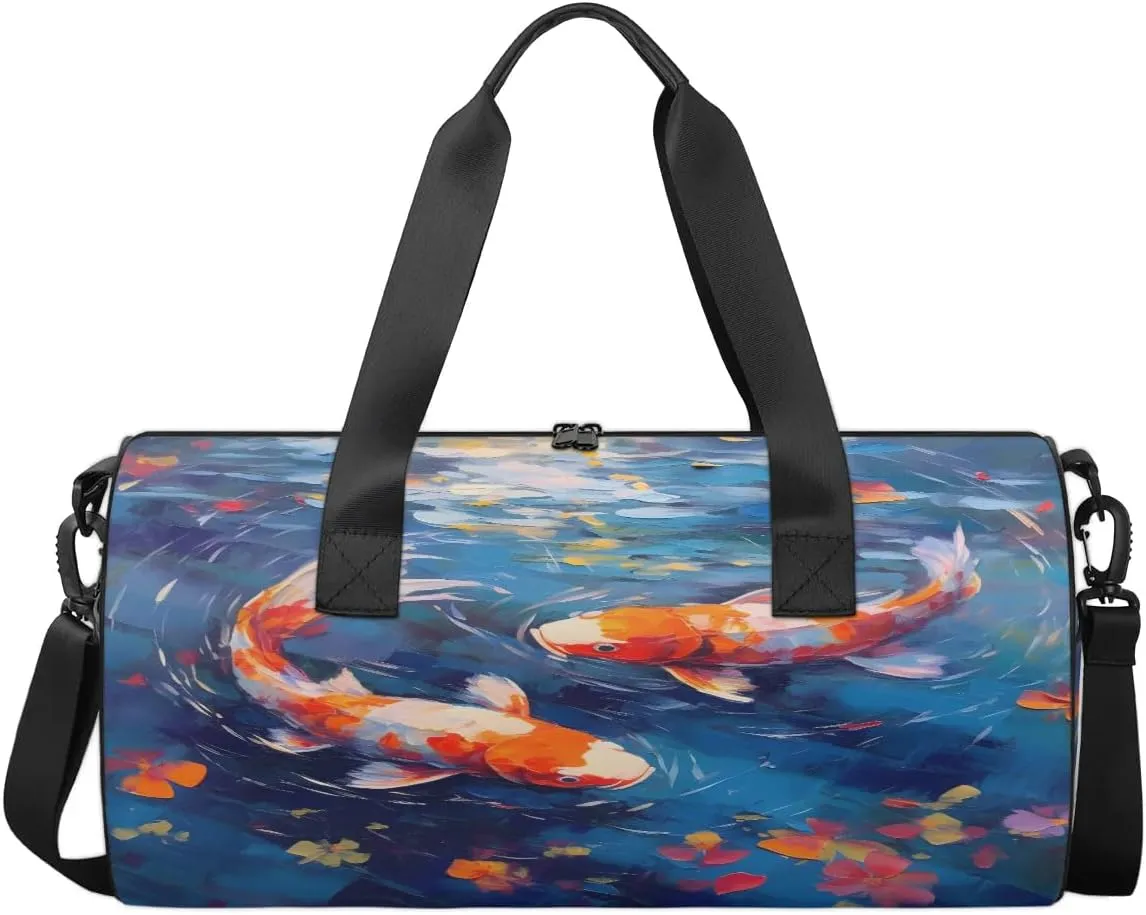 Gym Bags for Men Women Fish Oil Painting Sports Duffel Bags Carry On Travel Duffle Bag with Detachable Adjustable Shoulder Strap Overnight Weekender Bag